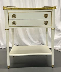Hollywood Regency Jansen Style Two Drawer Nightstands, Bronze, Marble, Louis XVI