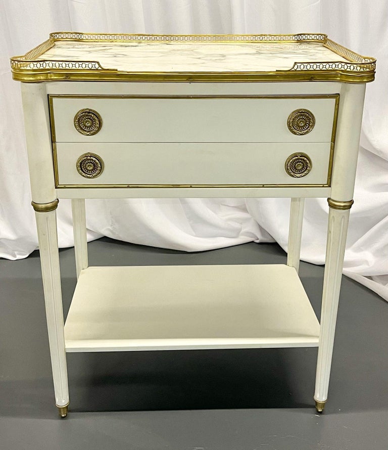 Hollywood Regency Jansen Style Two Drawer Nightstands, Bronze, Marble, Louis XVI In Good Condition In Stamford, CT