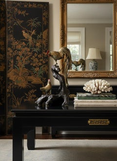 Hollywood Regency Japanese Meiji Style Bronze Rooster & Hen On Root Wood Base