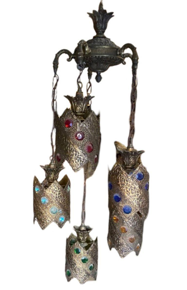 Lampadario a sospensione a 5 luci con prismi gioiello di Hollywood Regency, circa 1950 in vendita 7