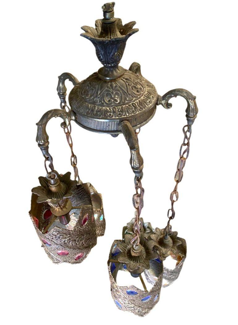 Lampadario a sospensione a 5 luci con prismi gioiello di Hollywood Regency, circa 1950 in vendita 4
