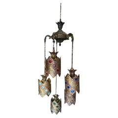 Vintage Hollywood Regency Jewel Prisms Filigree 5 Light Hanging Chandelier, Circa 1950