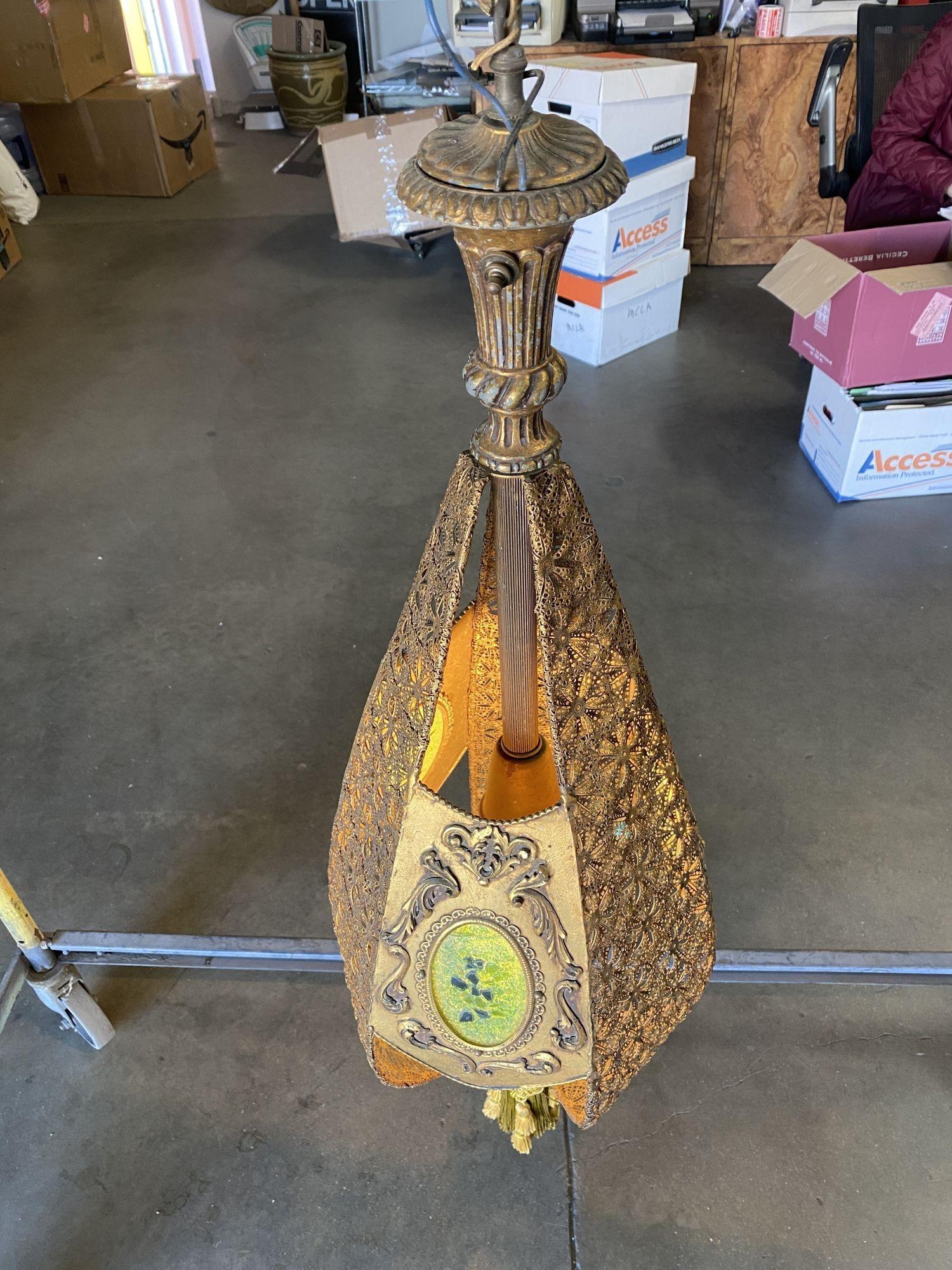 Hollywood Regency Jewel Prisms Filigree Pendant Light, Circa 1950 In Excellent Condition For Sale In Van Nuys, CA