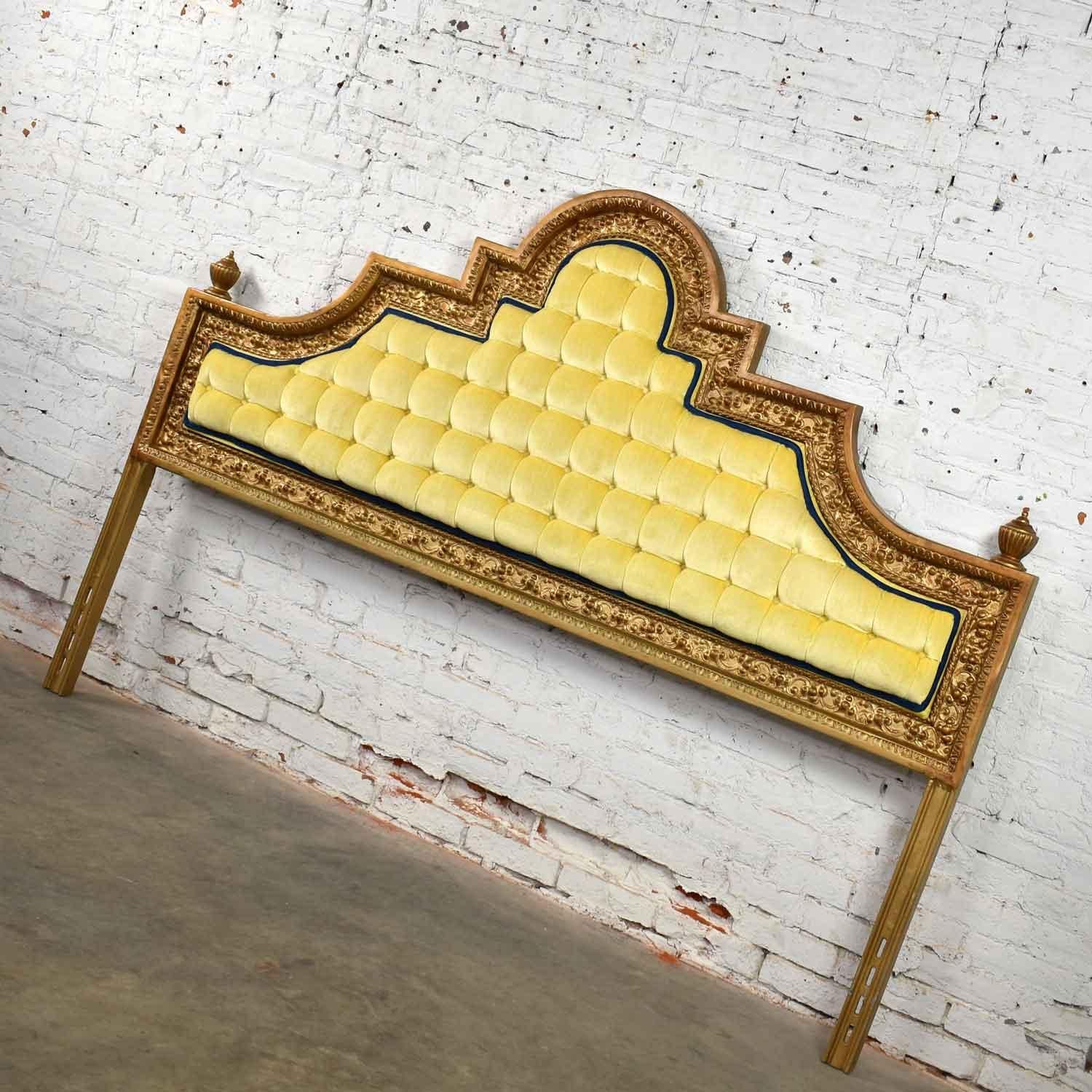 Magnificent Kessler Industries Inc. of El Paso, Texas Hollywood Regency headboard of cast aluminum that has been gilded, tufted, and upholstered in yellow velvet. It is in fabulous vintage condition with no outstanding flaws we have detected. Please