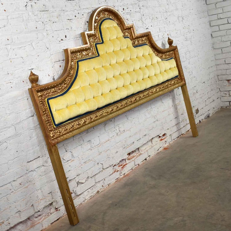Hollywood Regency King Headboard Gilded Cast Aluminum and Yellow Velvet