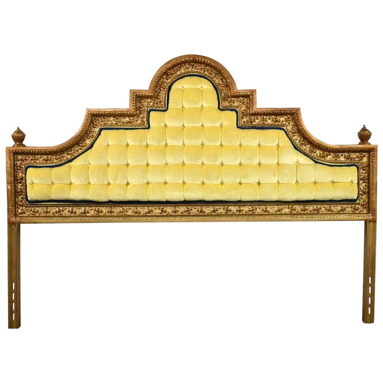 Hollywood Regency King Headboard Gilded Cast Aluminum and Yellow Velvet