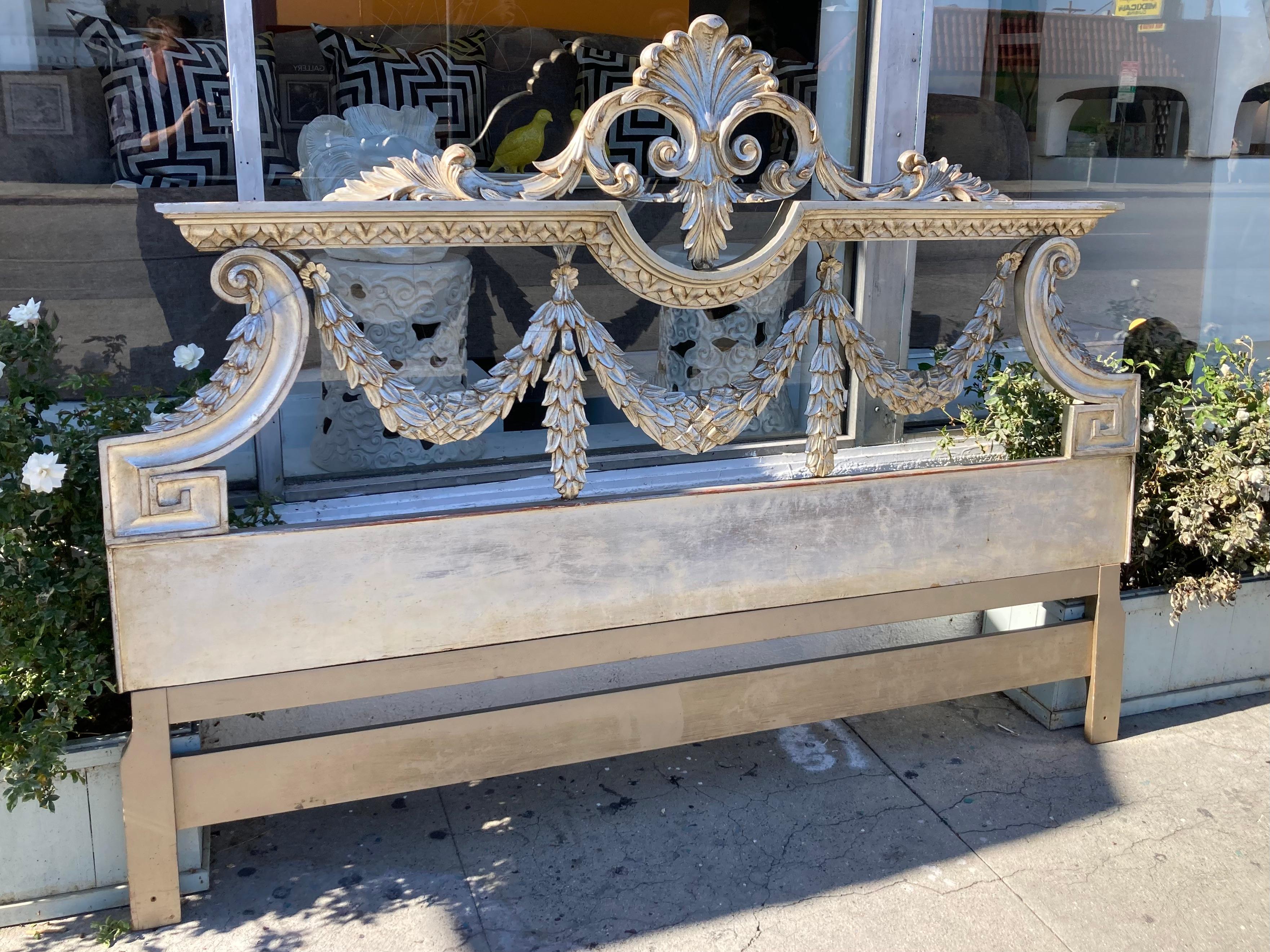 American Hollywood Regency King Size Headboard Hand Carved and Silverleafed For Sale