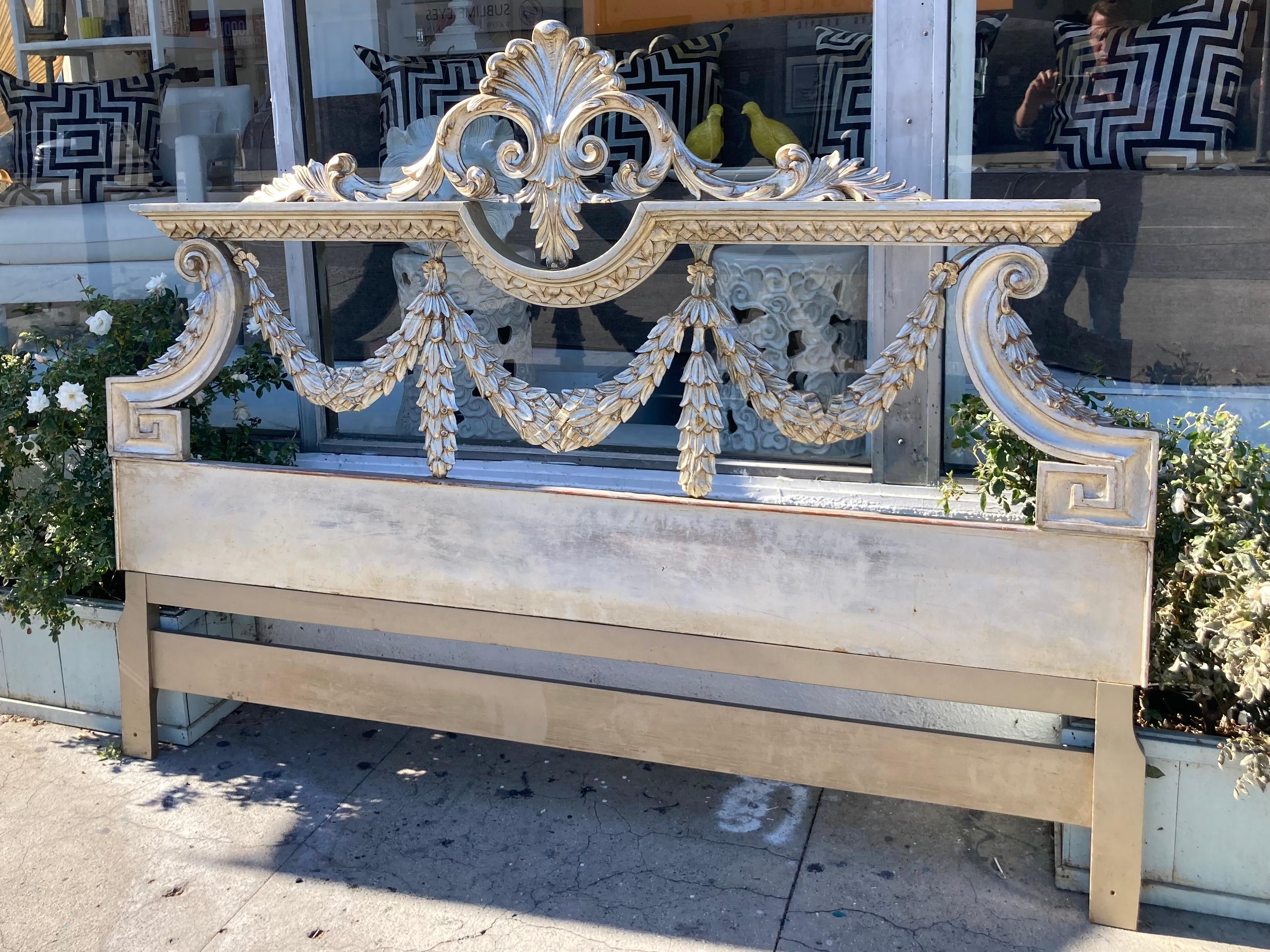 Hollywood Regency King Size Headboard Hand Carved and Silverleafed In Good Condition For Sale In Los Angeles, CA