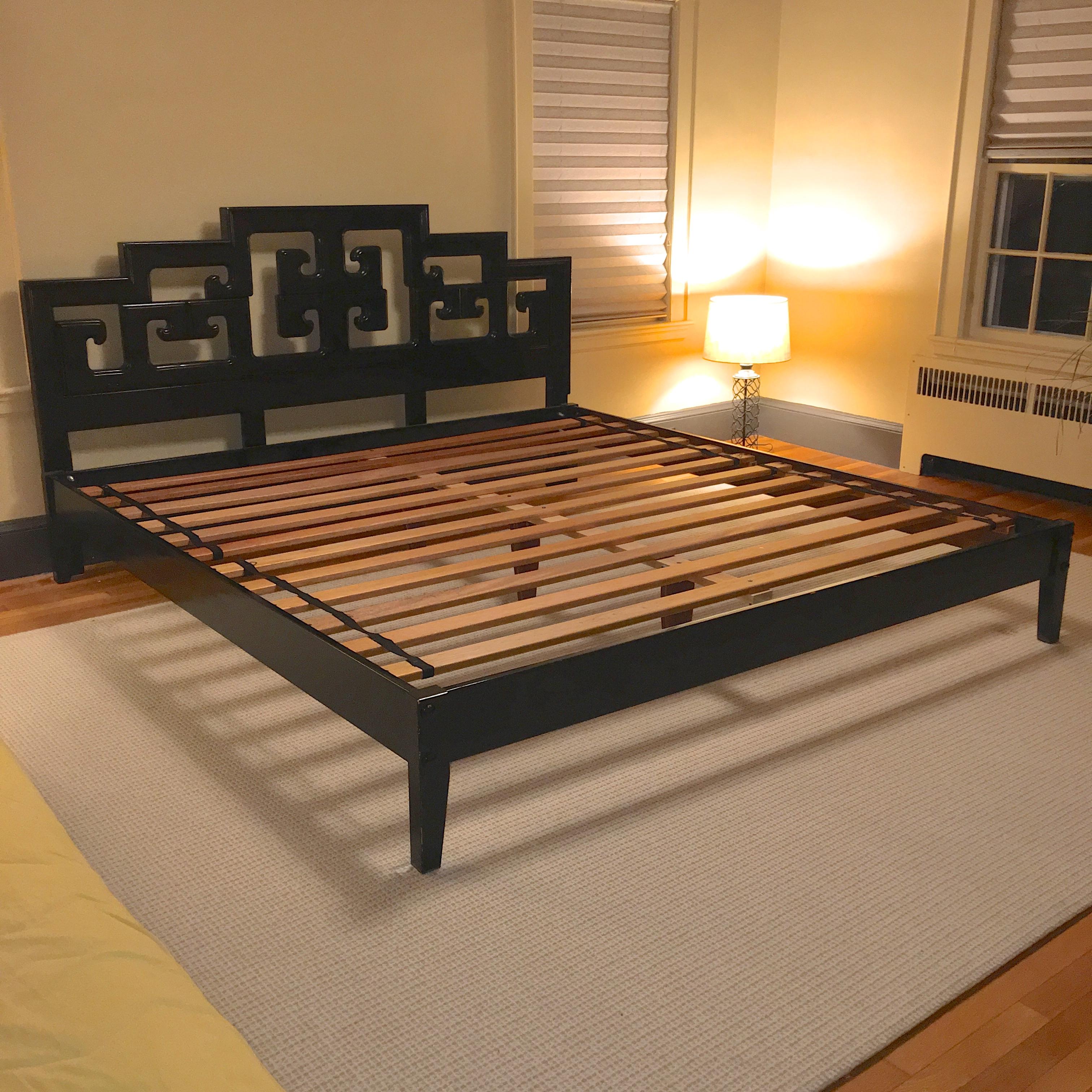 Century Furniture Hollywood Regency Asian style king-size platform bed with graphic headboard in black enamel.

Dimensions are 84