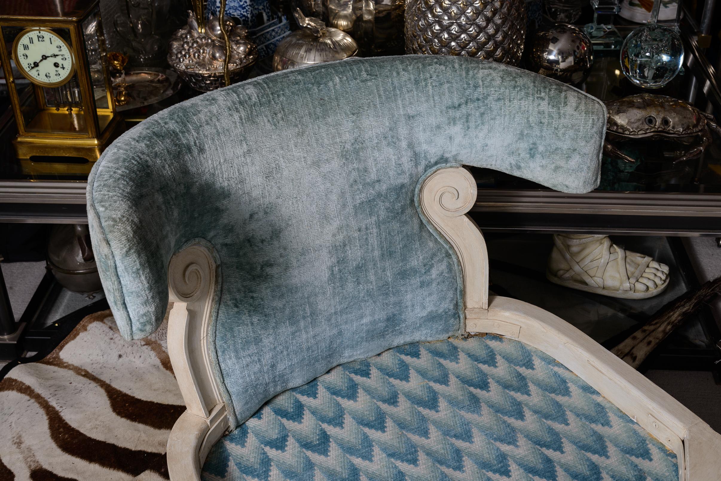 Fabric Hollywood Regency Klismos Style Upholstered Barrel Back Wood Blue Arm Chair For Sale