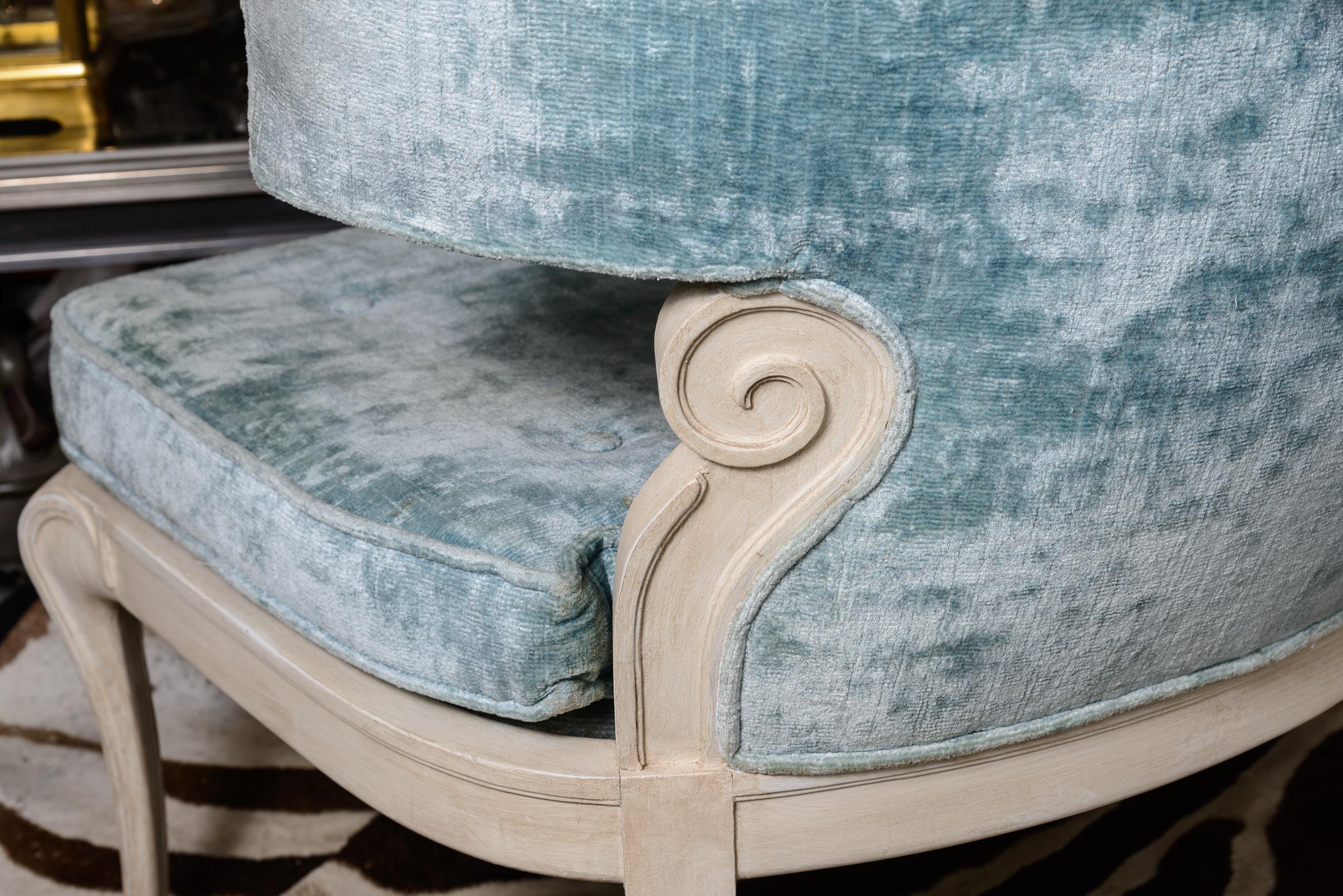 Hand-Crafted Hollywood Regency Klismos Style Upholstered Barrel Back Wood Blue Arm Chair For Sale
