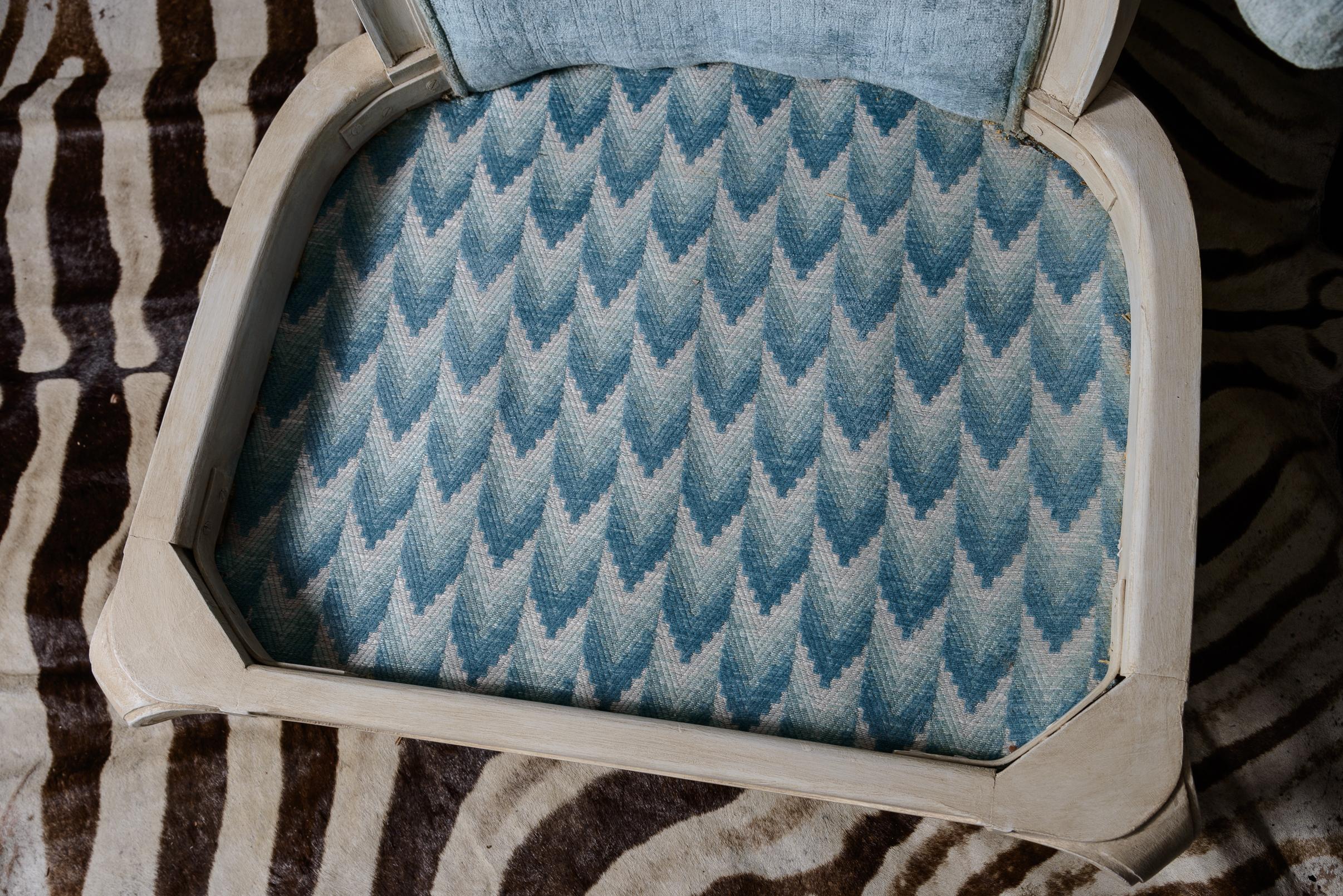 Hollywood Regency Klismos Style Upholstered Barrel Back Wood Blue Arm Chair For Sale 3