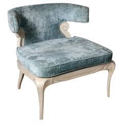 Hollywood Regency Klismos Style Upholstered Barrel Back Wood Blue Arm Chair