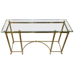 Hollywood Regency Labarge Console en laiton et verre biseauté:: table de salon Pieds de sabot