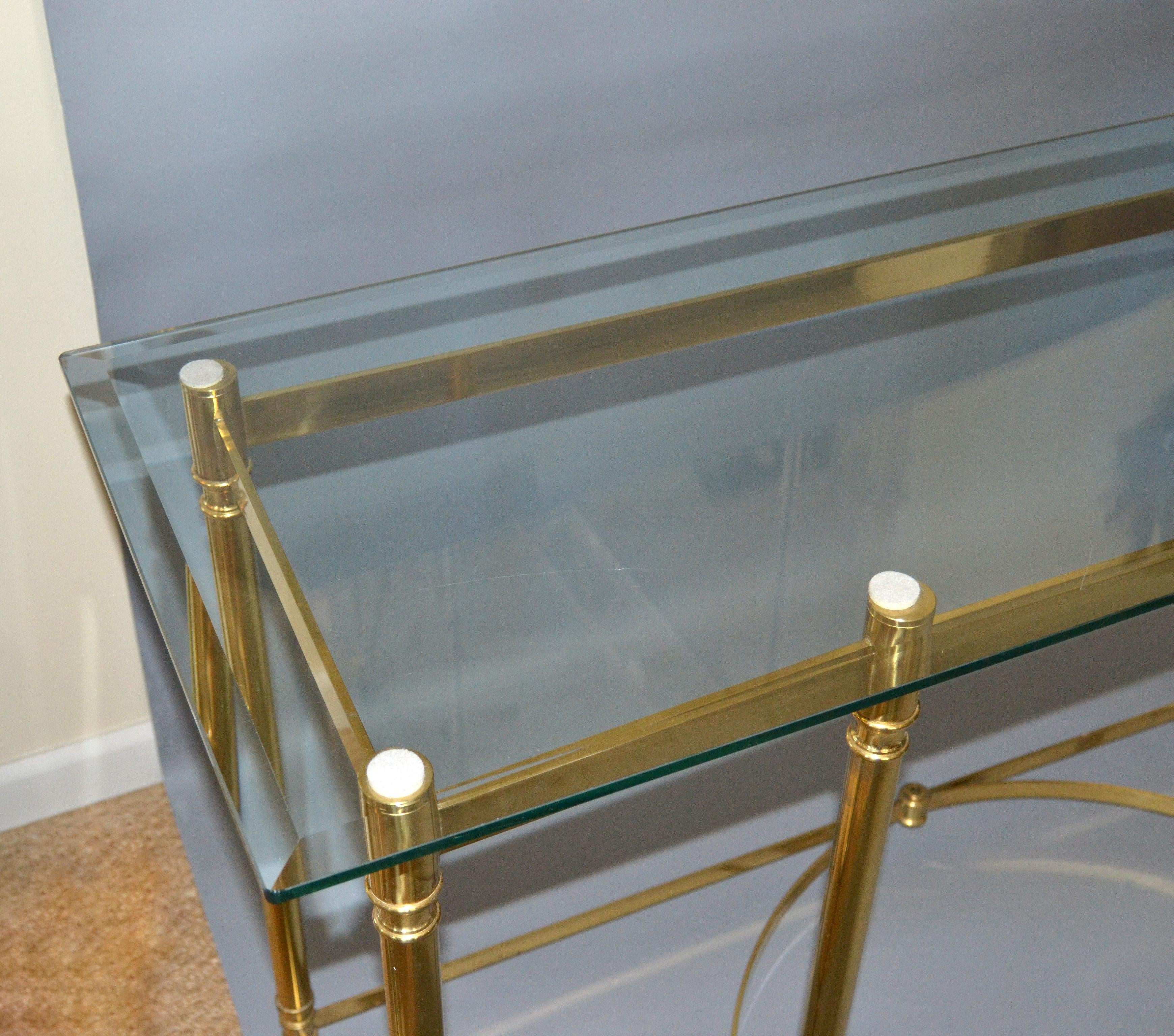 Hollywood Regency Labarge Brass and Beveled Glass Console, Sofa Table Hoof Feet 2