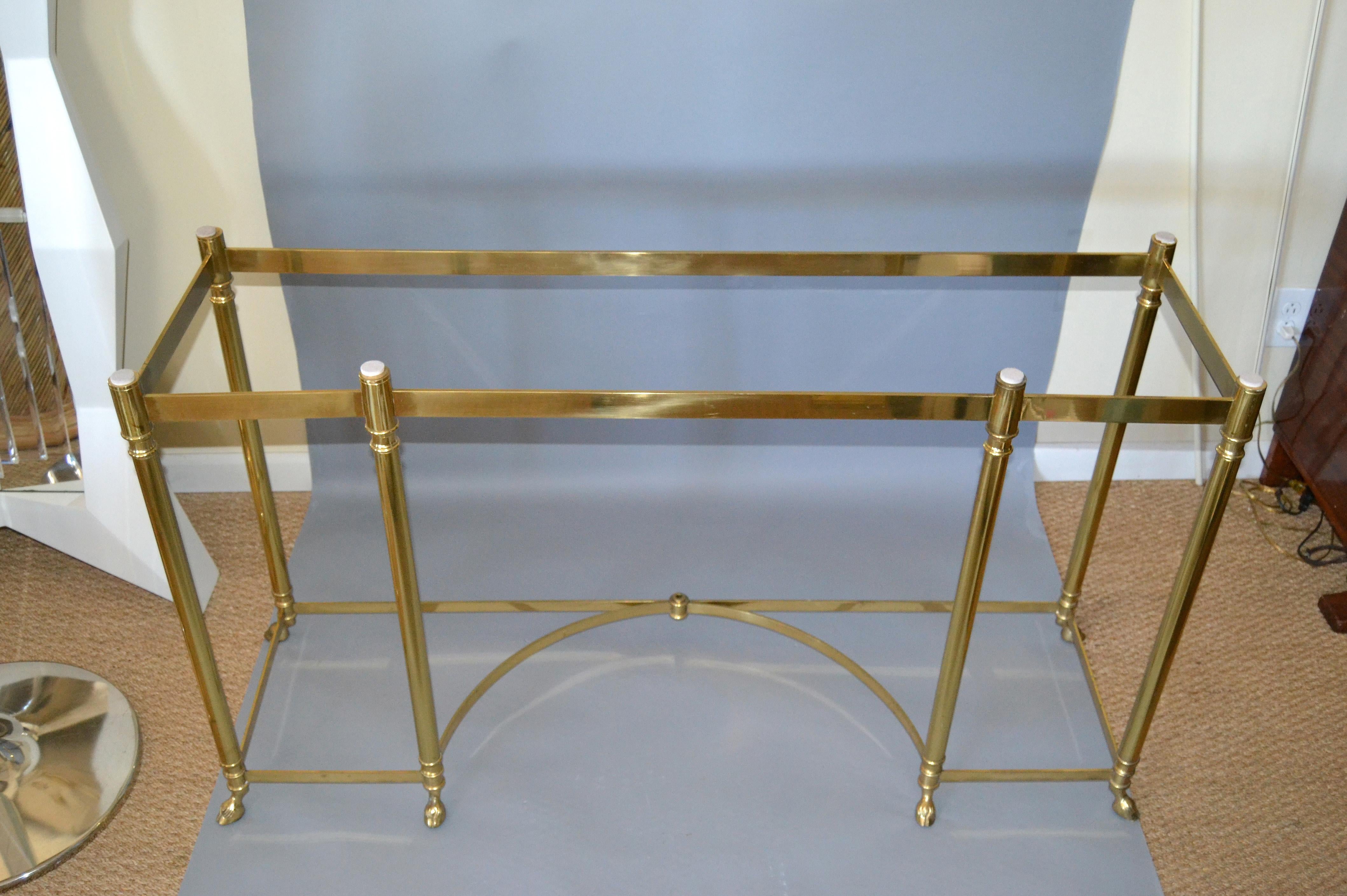 Hollywood Regency Labarge Brass and Beveled Glass Console, Sofa Table Hoof Feet 5