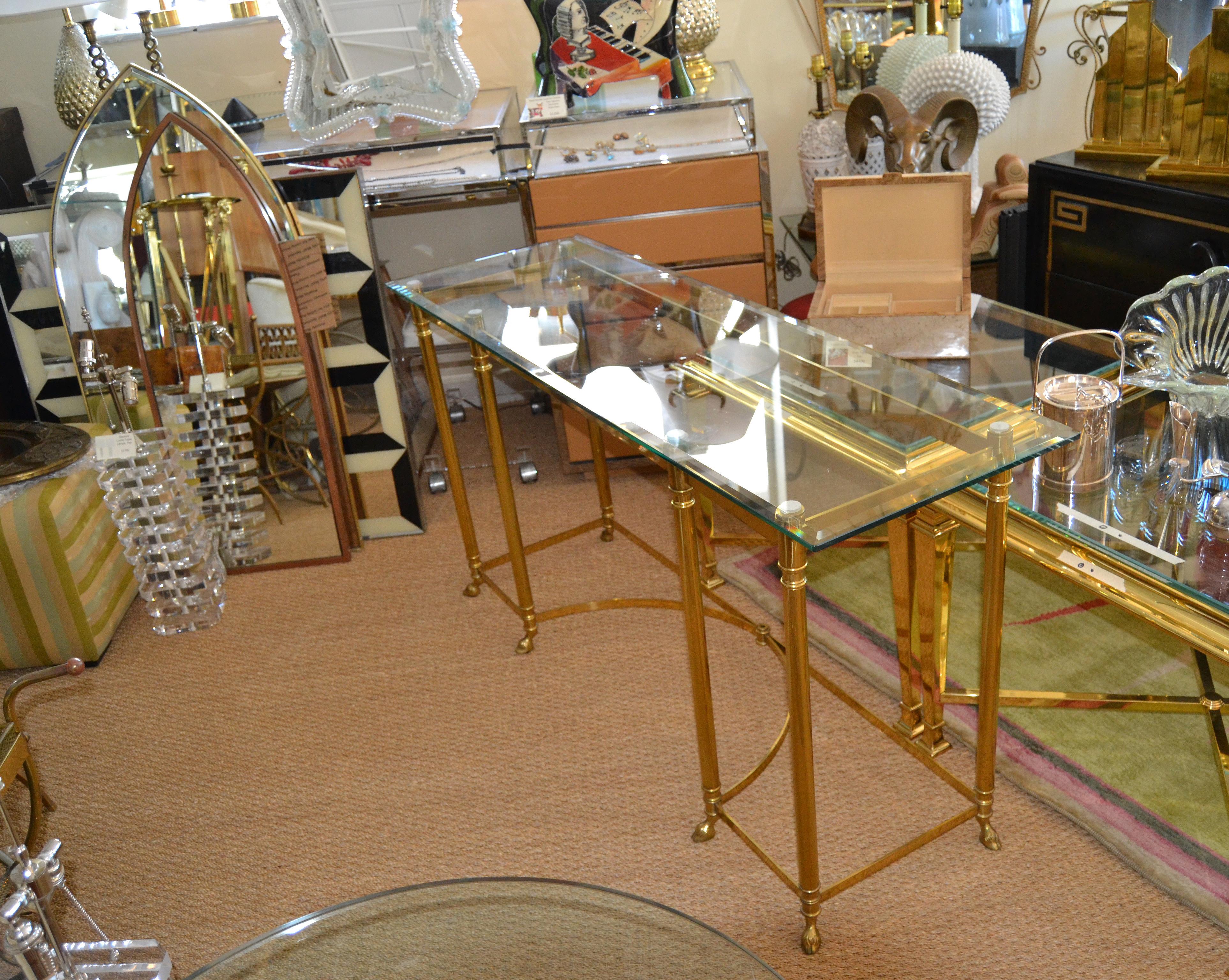 Hollywood Regency Labarge Brass and Beveled Glass Console, Sofa Table Hoof Feet 6
