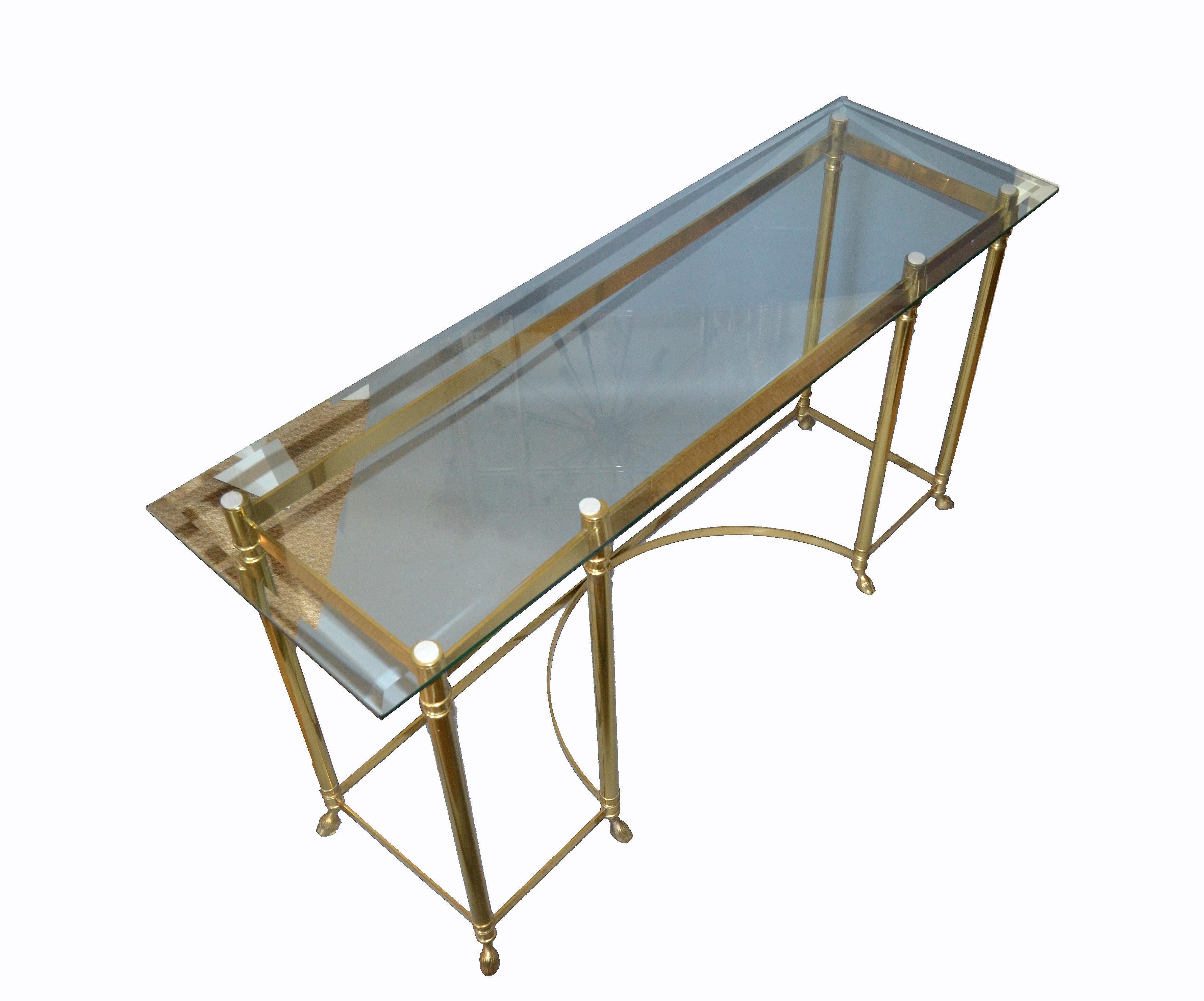 American Hollywood Regency Labarge Brass and Beveled Glass Console, Sofa Table Hoof Feet