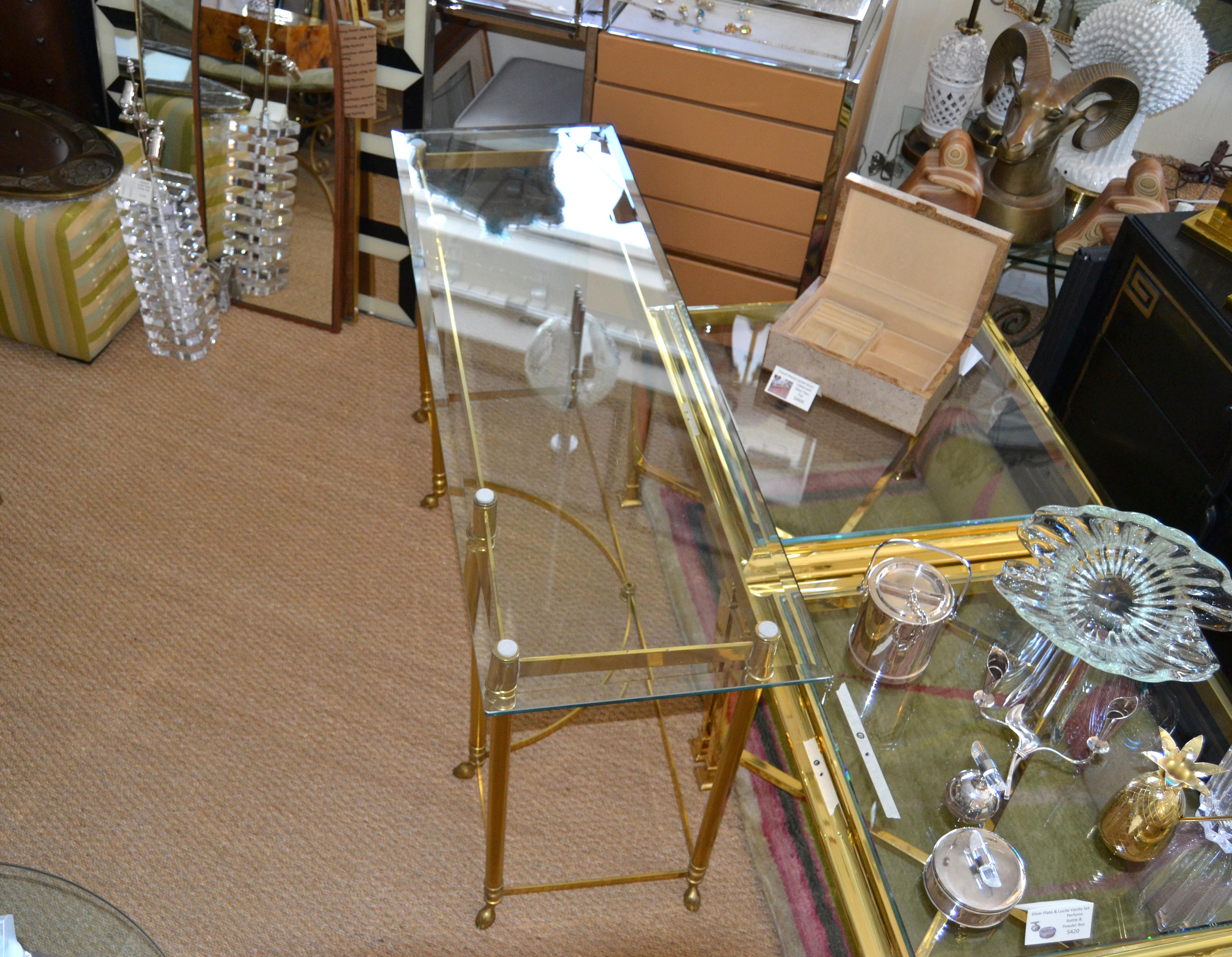 Hollywood Regency Labarge Brass and Beveled Glass Console, Sofa Table Hoof Feet In Good Condition In Miami, FL