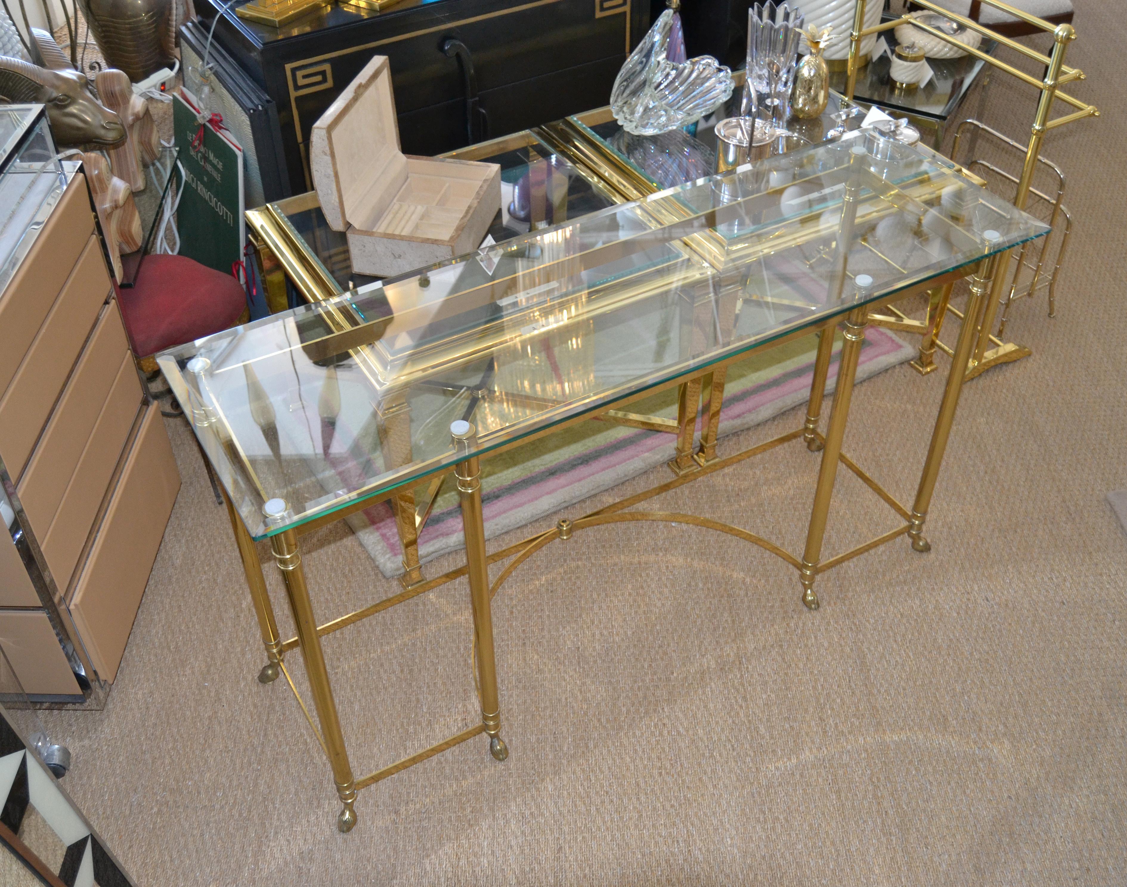 Late 20th Century Hollywood Regency Labarge Brass and Beveled Glass Console, Sofa Table Hoof Feet