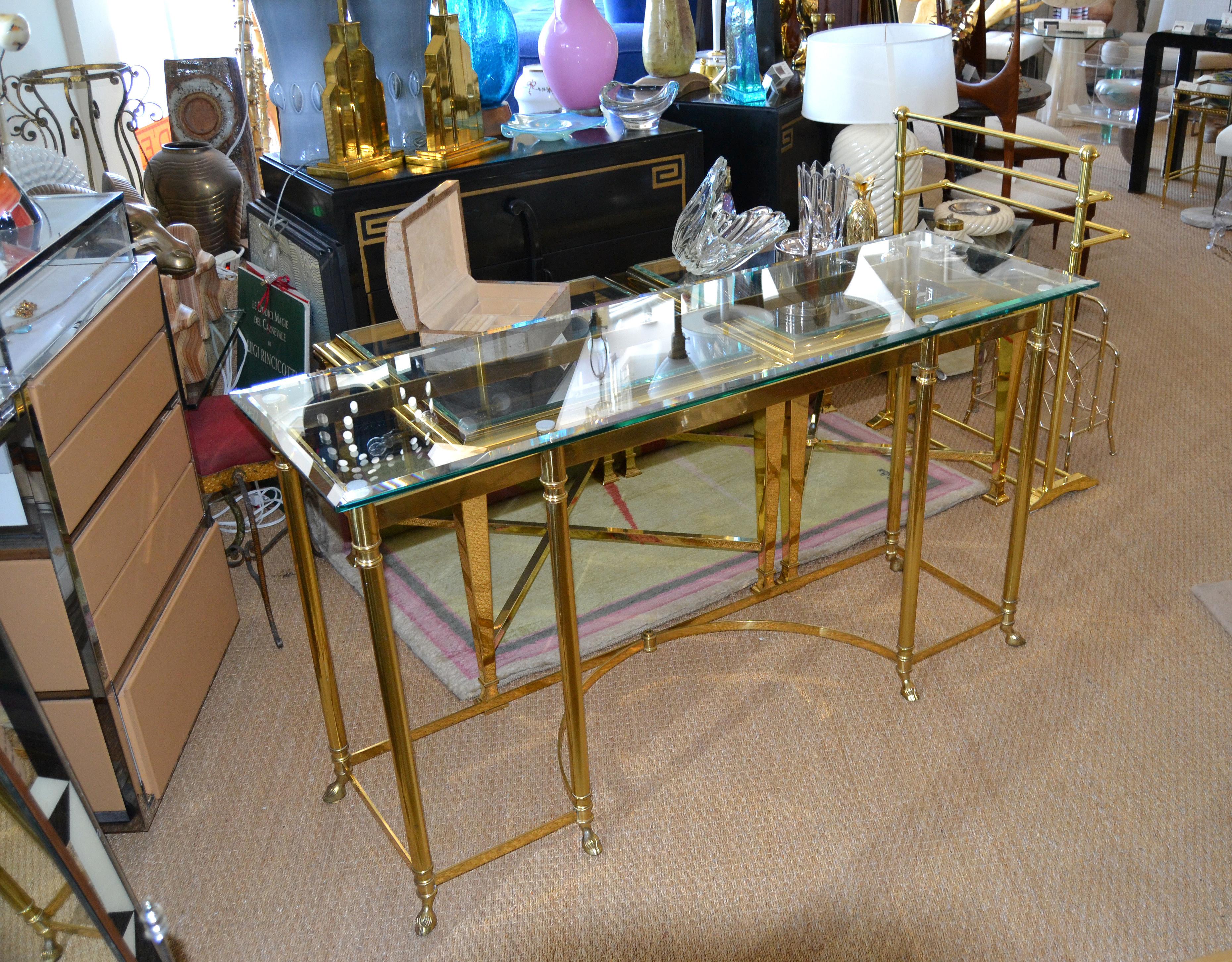 Hollywood Regency Labarge Brass and Beveled Glass Console, Sofa Table Hoof Feet 1
