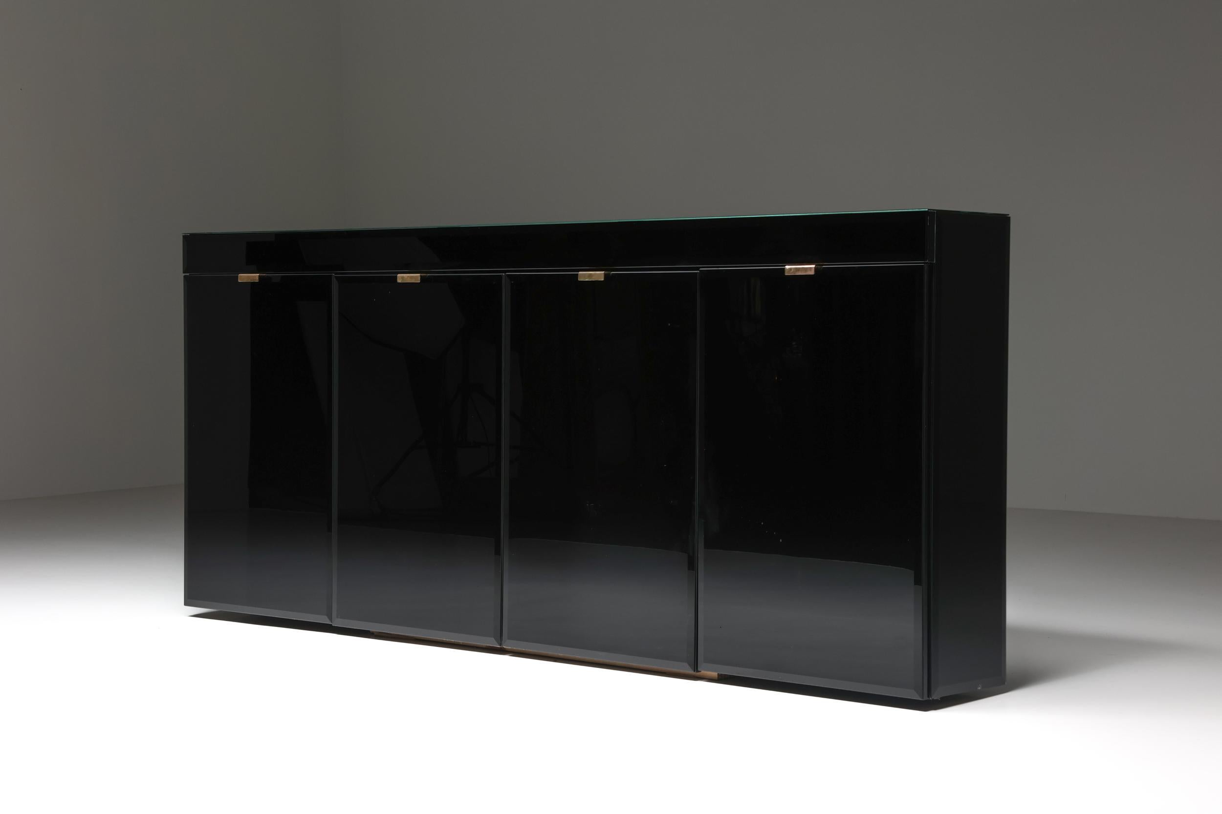 Willy Rizzo; Romeo Rega; Maison Jansen; Sandro Petti; Hollywood Regency; Sideboard; Credenza; Italian Glam; Storage piece; 

Maison Jansen style Hollywood Regency four-door sideboard. The remarkable detail and quality make this a very elegant