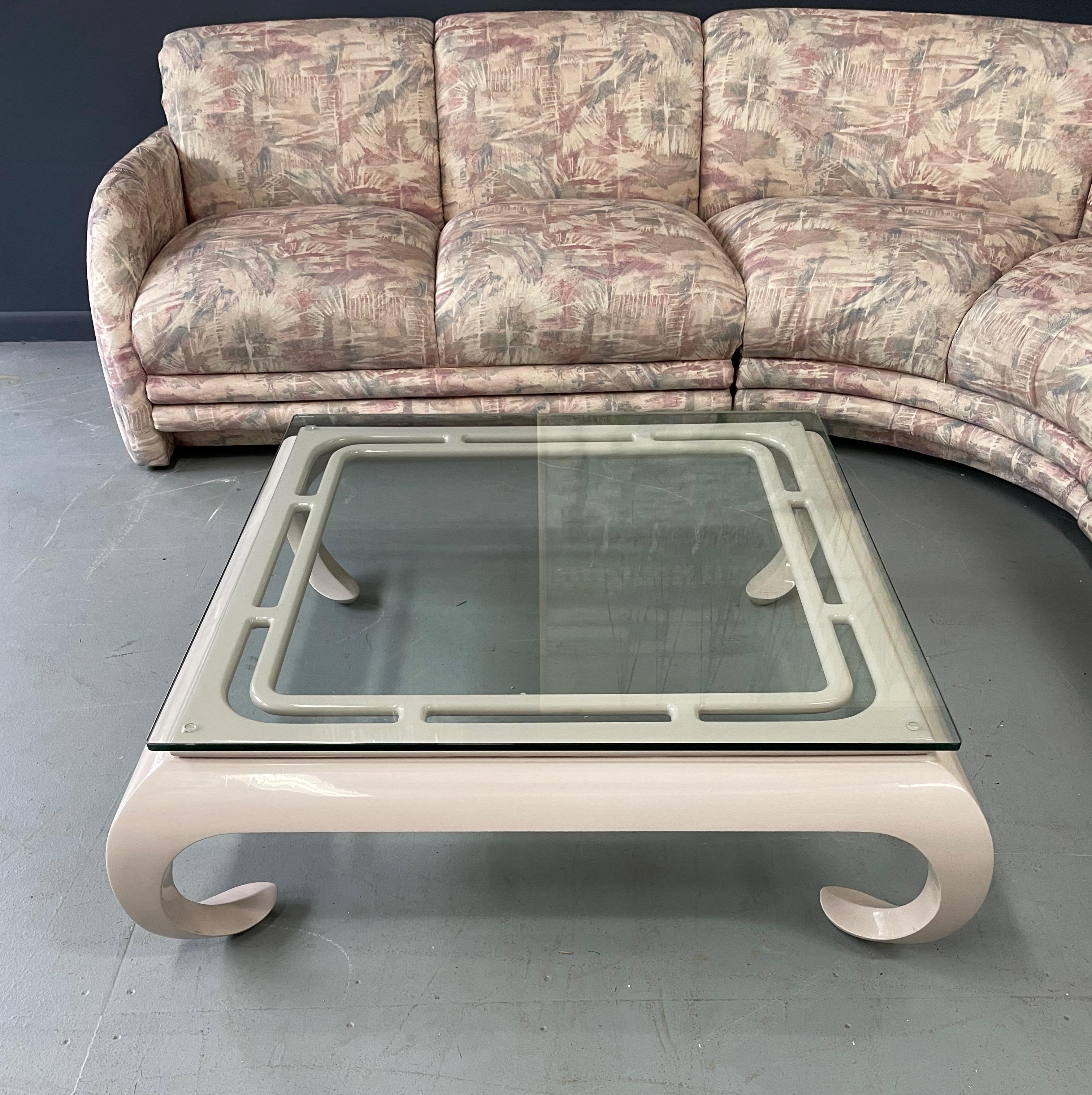 Hollywood Regency Lacquered Asian Influenced Coffee Table in Dusty Rose In Good Condition For Sale In Philadelphia, PA