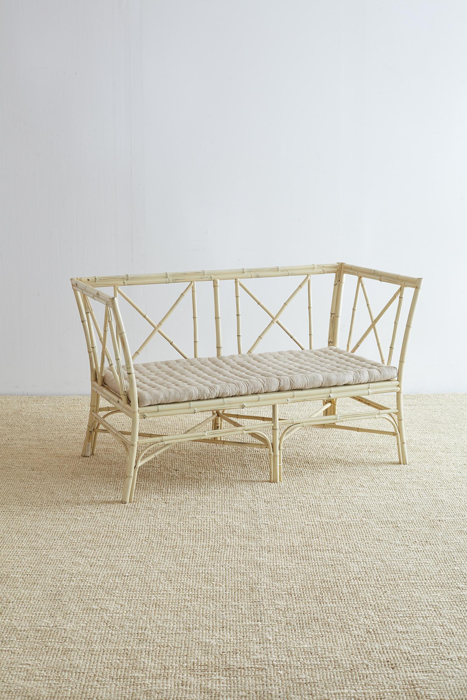 Hollywood Regency Lacquered Bamboo Settee or Bench 1