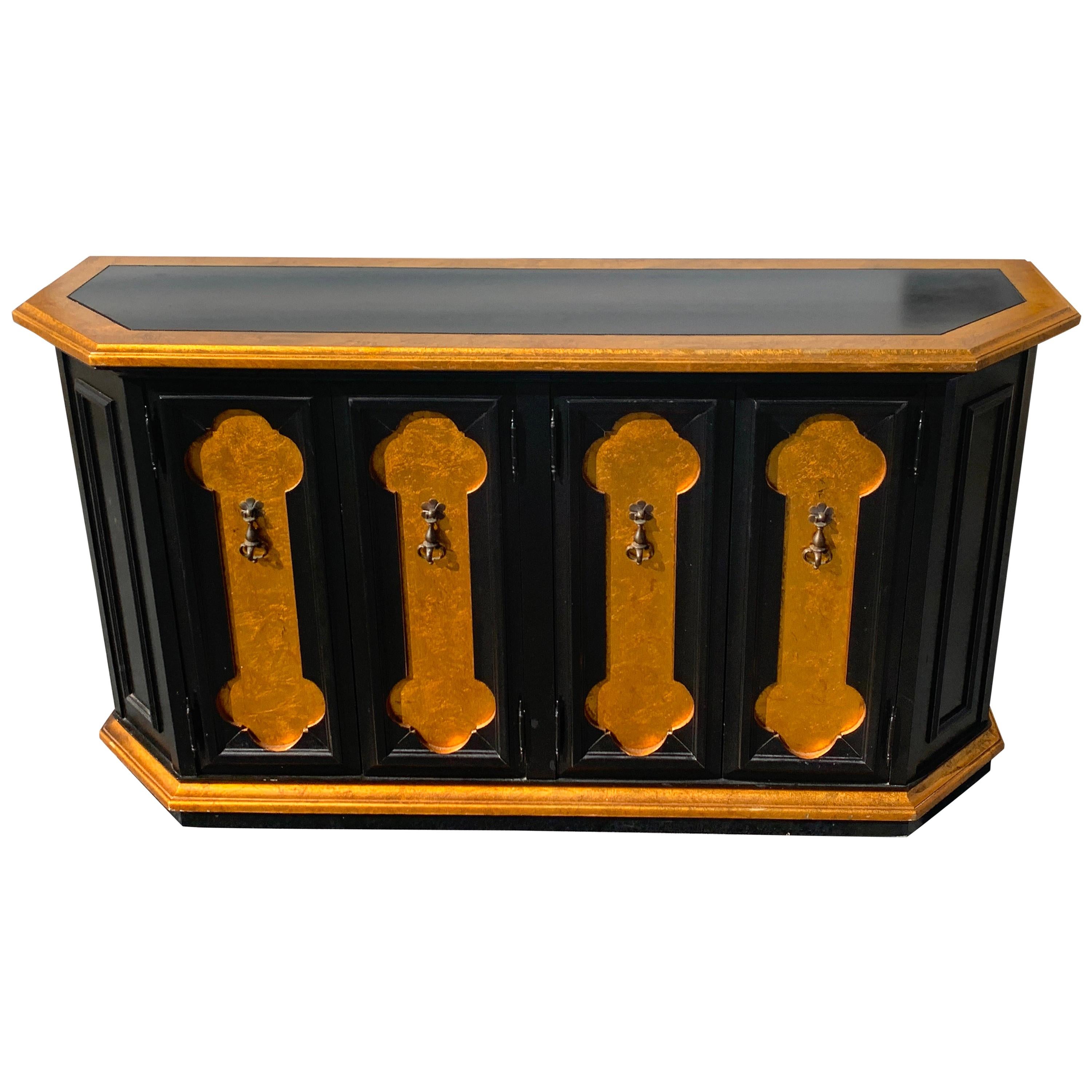 Hollywood Regency Lacquered Black and Gold Credenza/ Console  For Sale