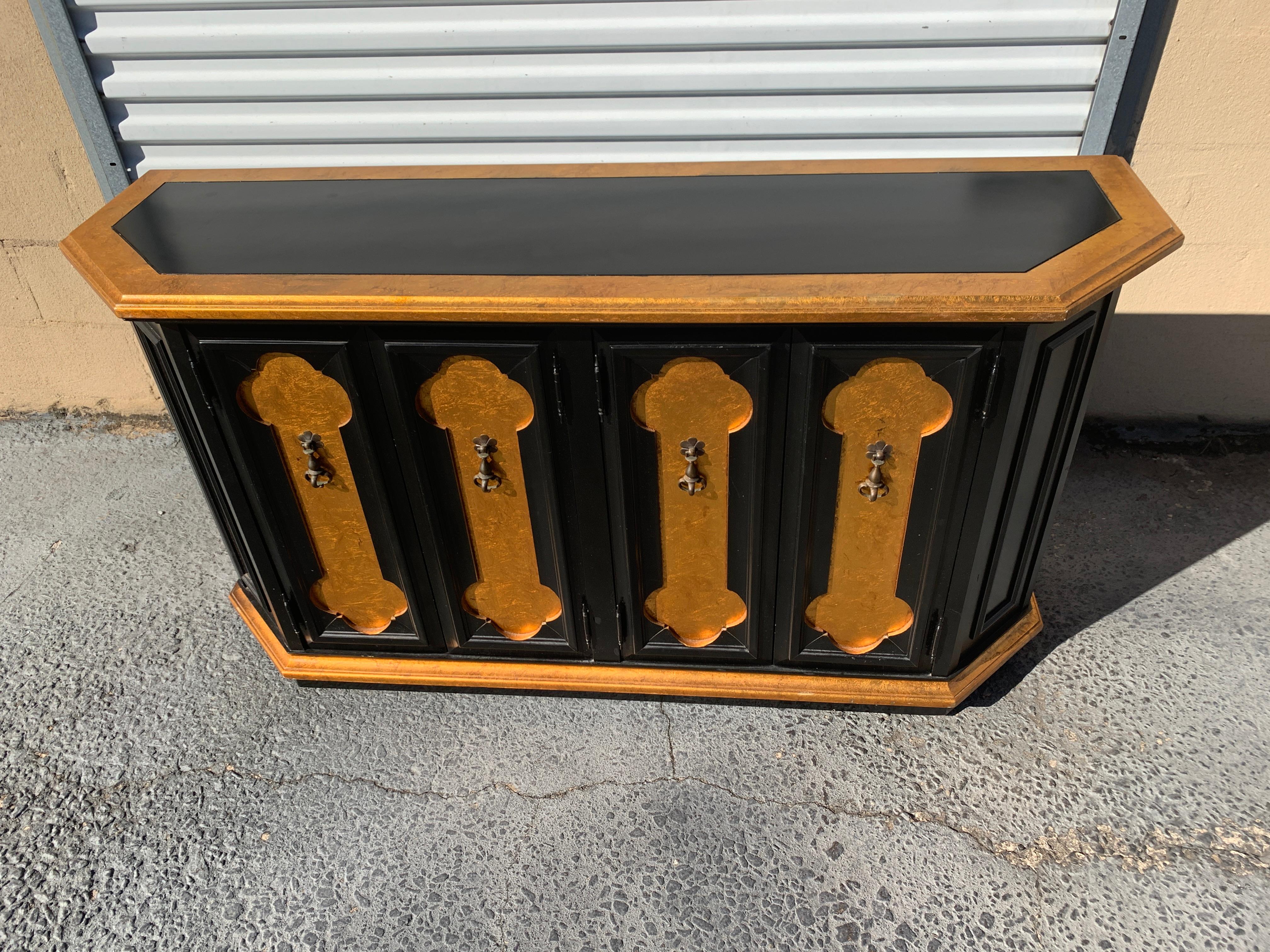 Gilt Hollywood Regency Lacquered Black and Gold Credenza/ Console  For Sale