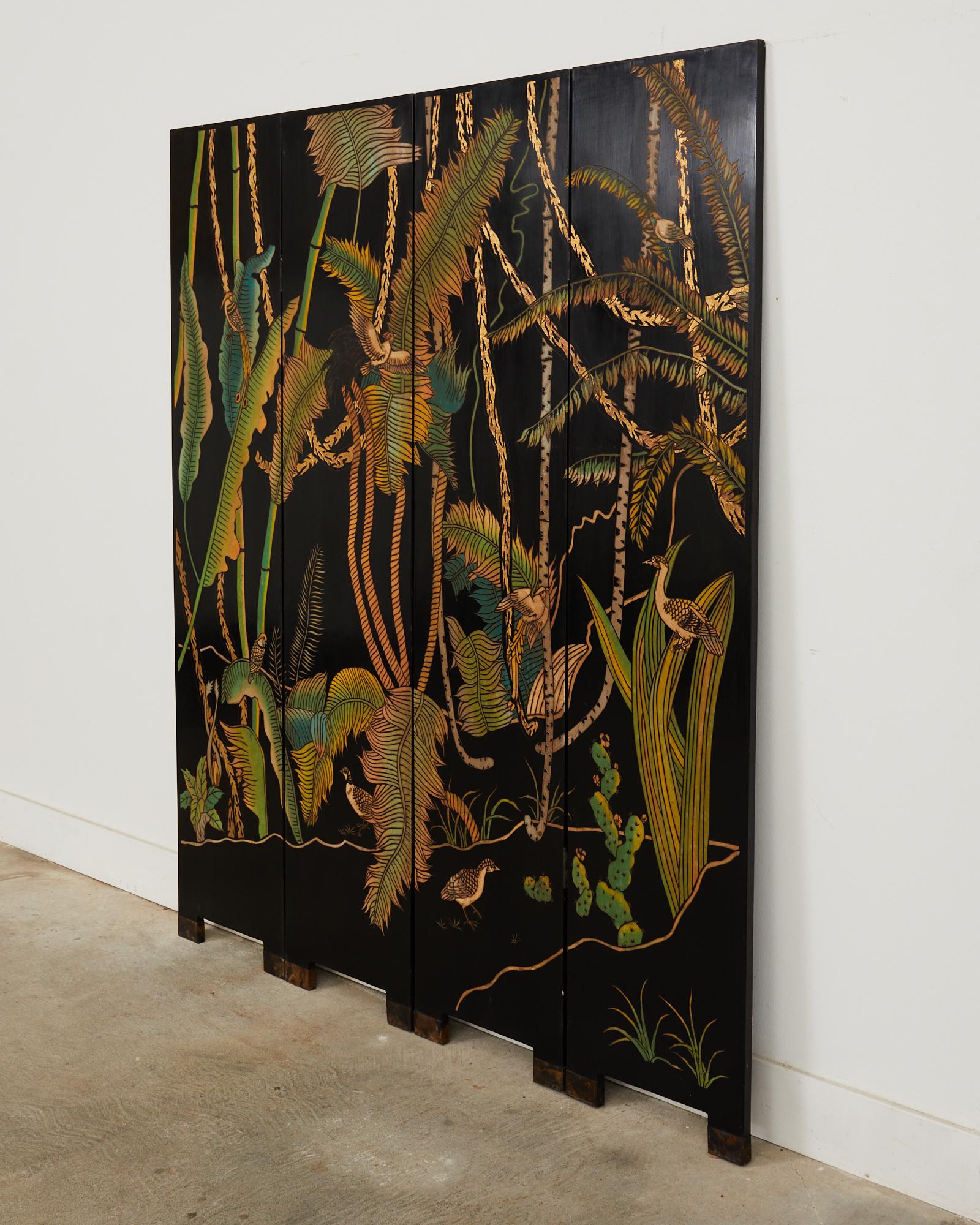 Hollywood Regency Lacquered Coromandel Screen with Banana Leaves For Sale 9