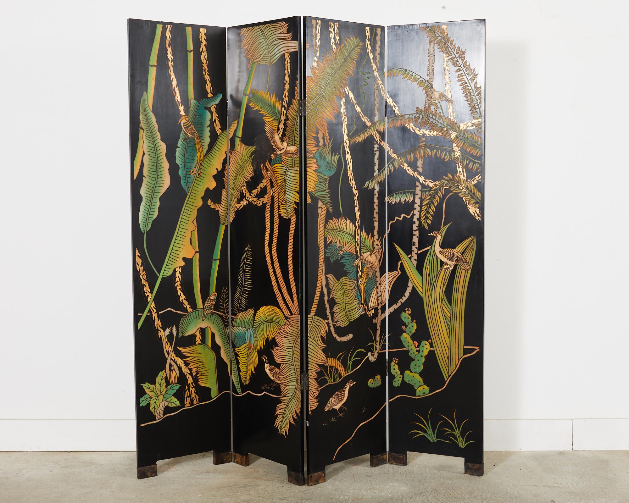 Chinese Export Hollywood Regency Lacquered Coromandel Screen with Banana Leaves For Sale