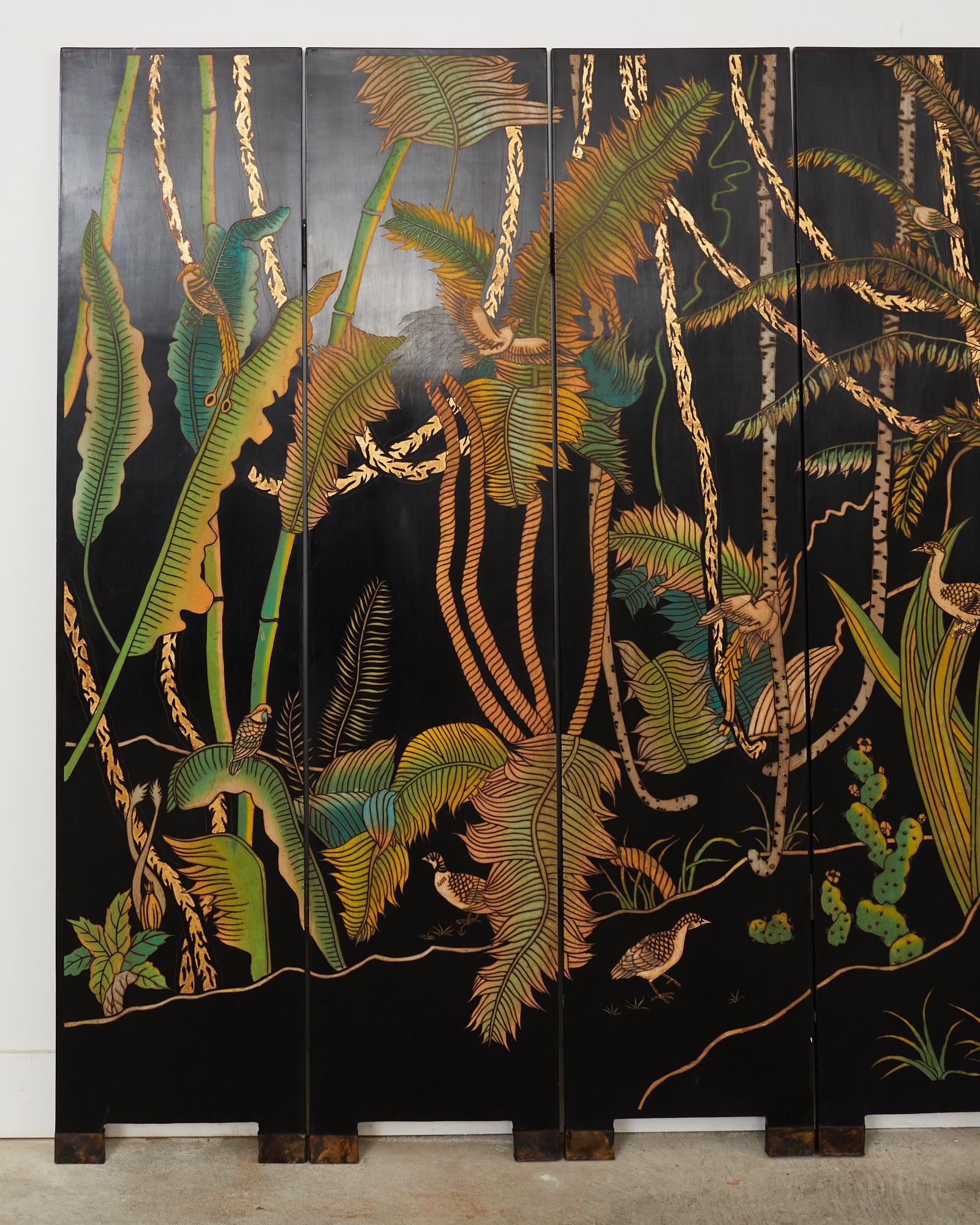 Chinese Hollywood Regency Lacquered Coromandel Screen with Banana Leaves For Sale