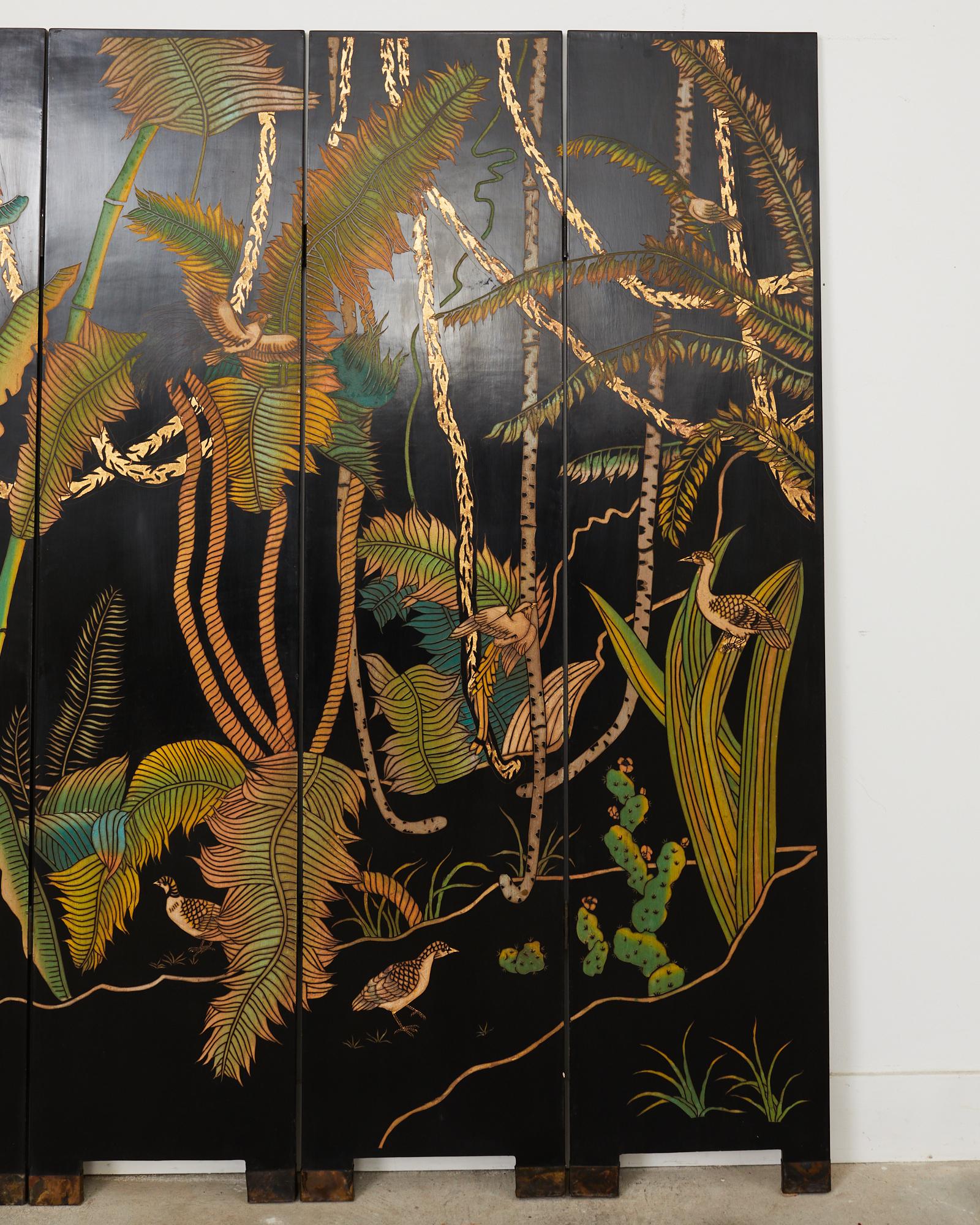 Hollywood Regency Lacquered Coromandel Screen with Banana Leaves In Good Condition For Sale In Rio Vista, CA
