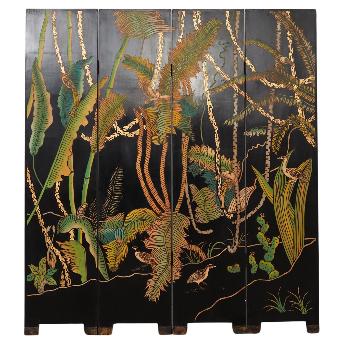 Hollywood Regency Lacquered Coromandel Screen with Banana Leaves For Sale