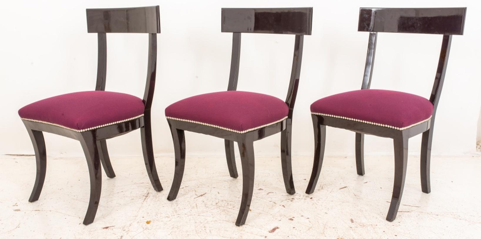 Hollywood regency purple lacquered neoclassical style dining chairs, six (6), with rounded 