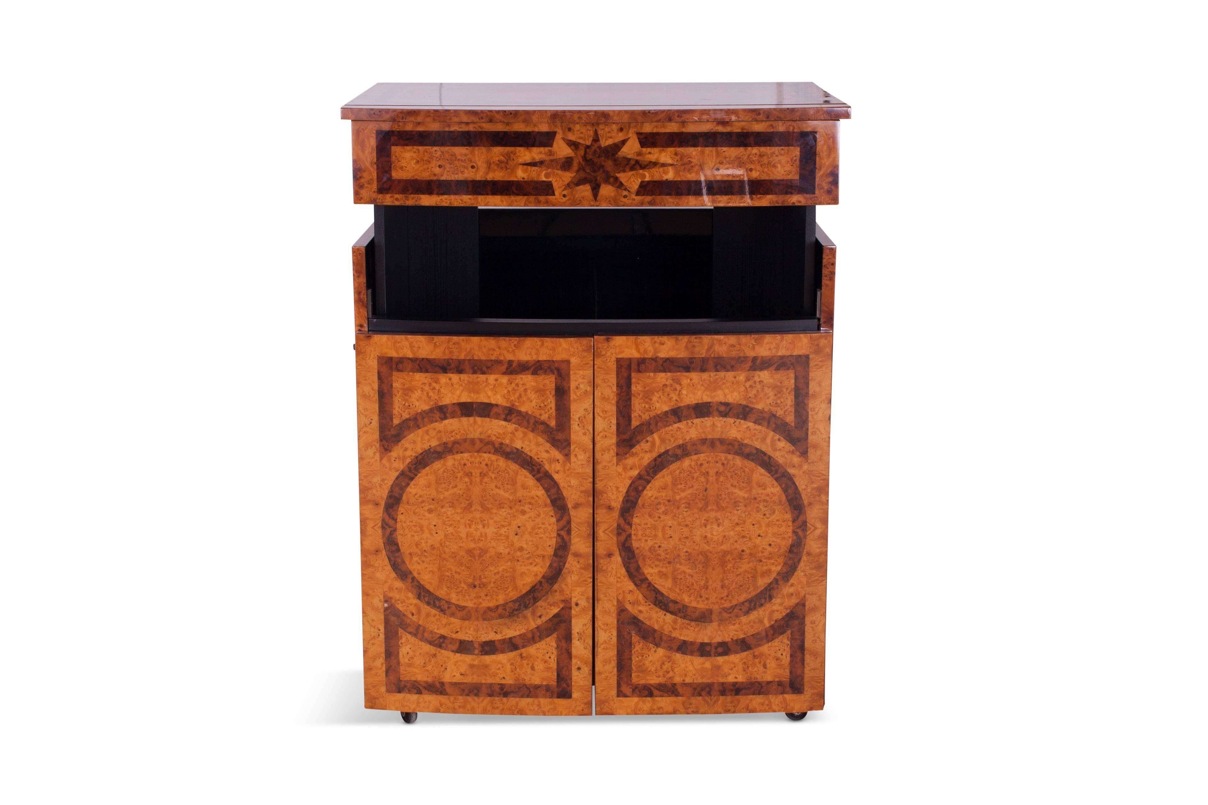 Hollywood Regency Lacquered Dry Bar Cabinet with Burl Inlay 1