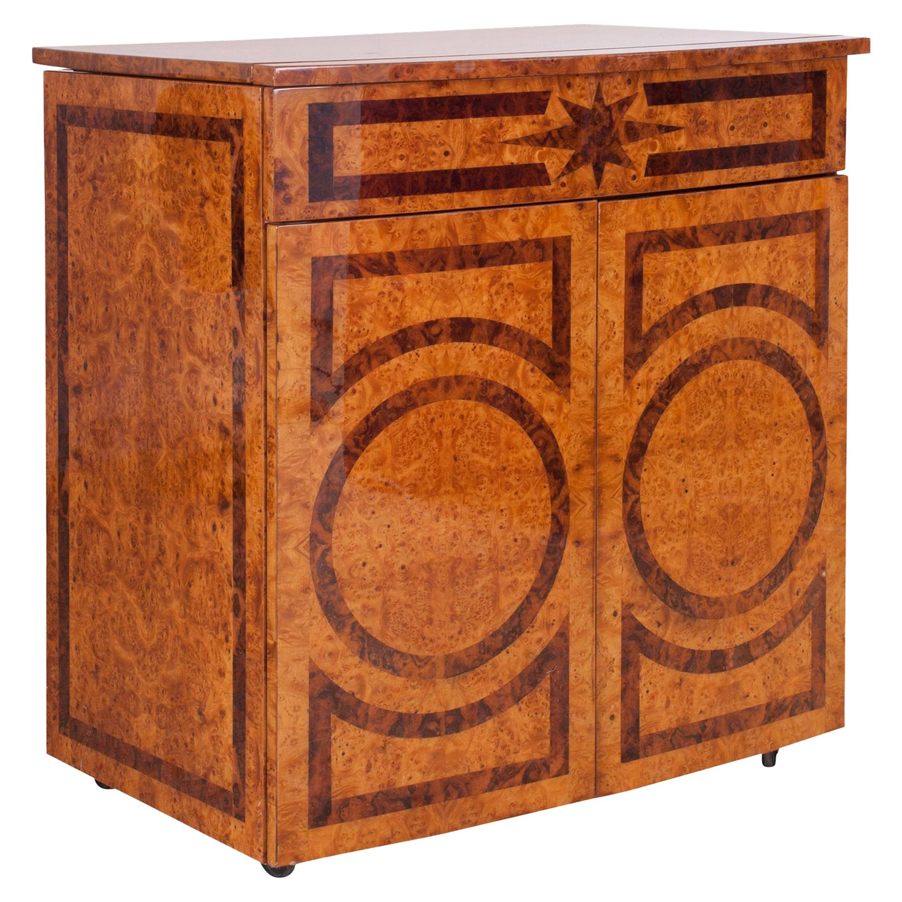 Hollywood Regency Lacquered Dry Bar Cabinet with Burl Inlay