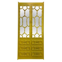 Hollywood Regency Lacquered Faux Bamboo Chinoiserie Mirrored Armoire Cabinet