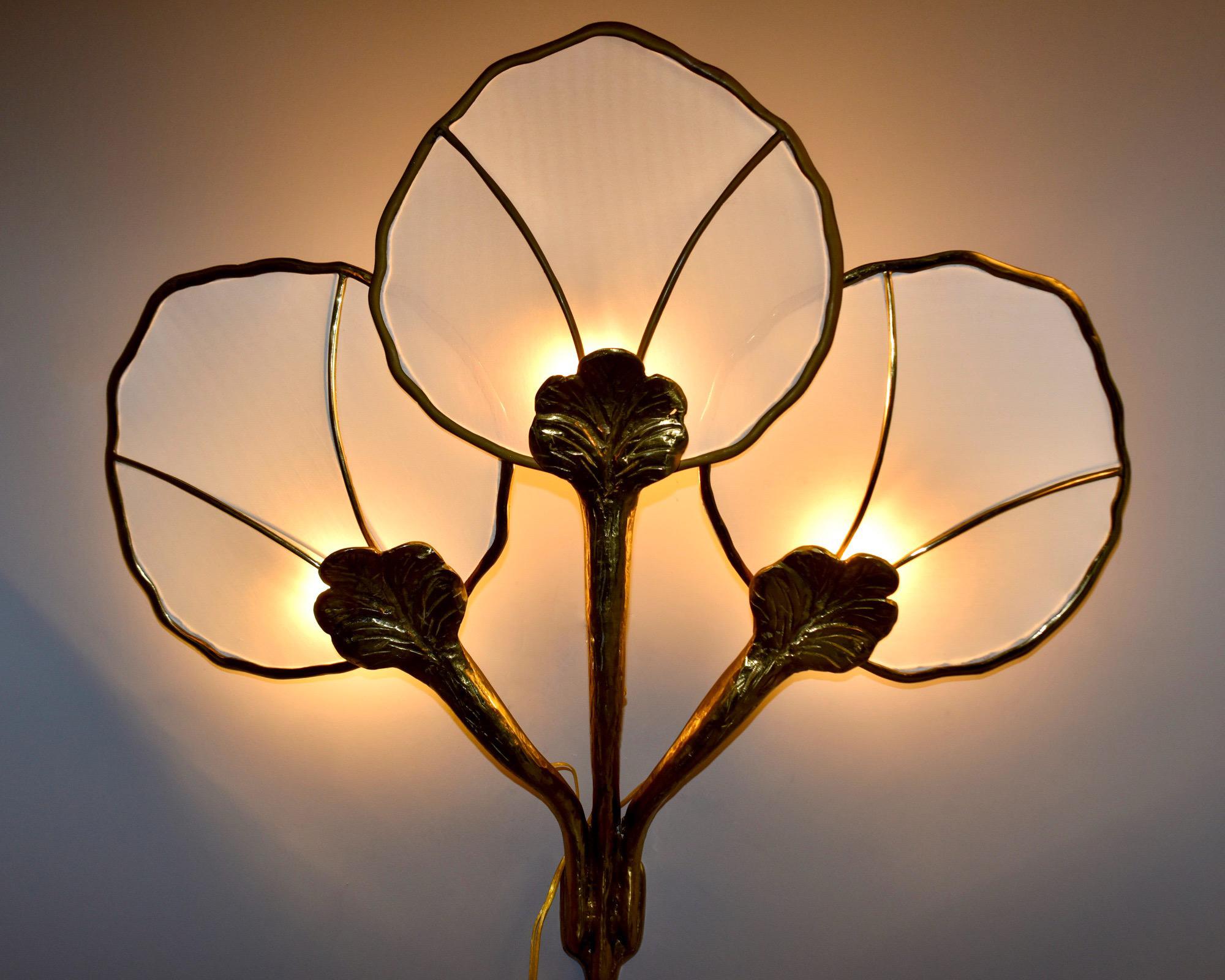Hollywood Regency Large Brass Triple Light Water Lily Wall Sconce For Sale 1
