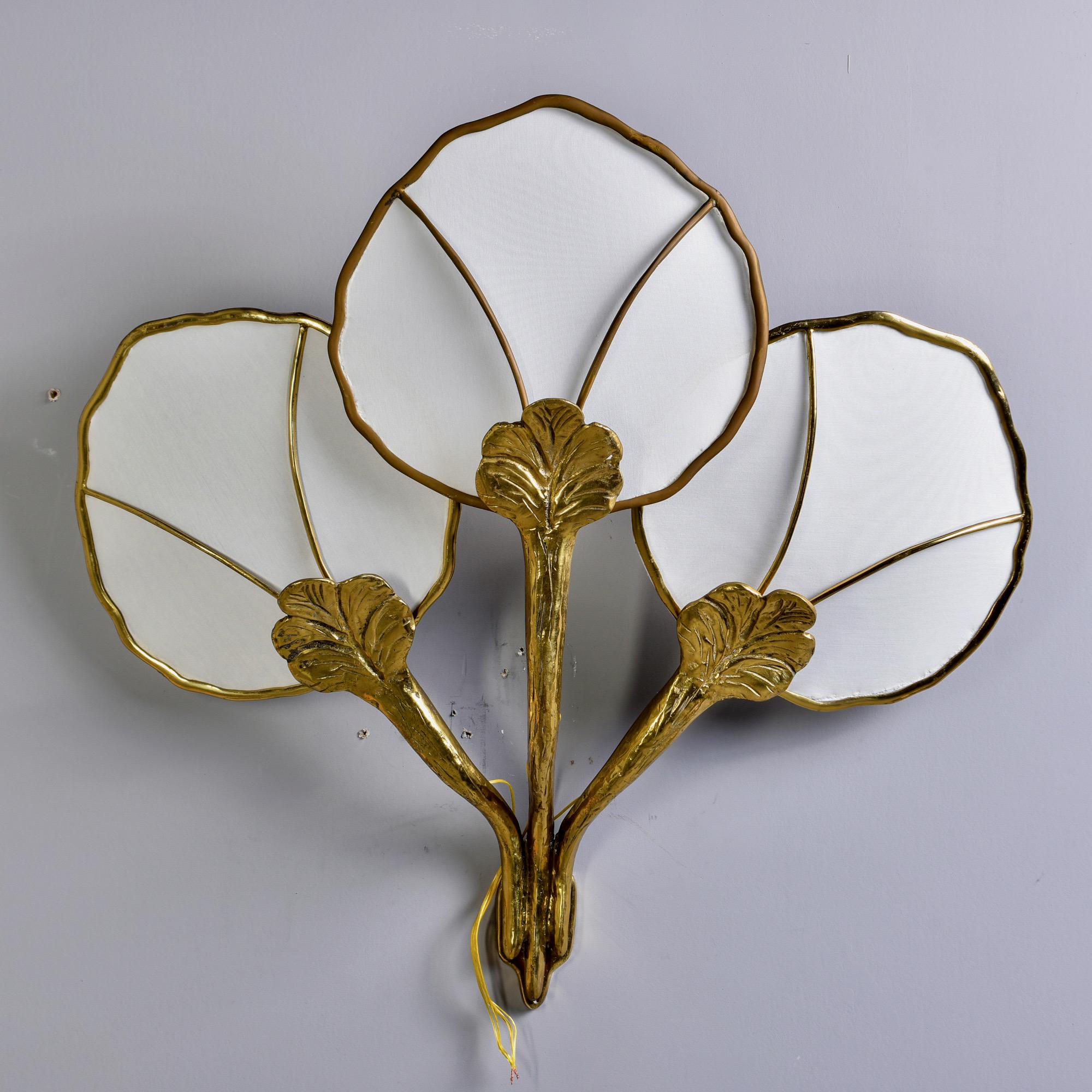 Hollywood Regency Large Brass Triple Light Water Lily Wall Sconce For Sale 4