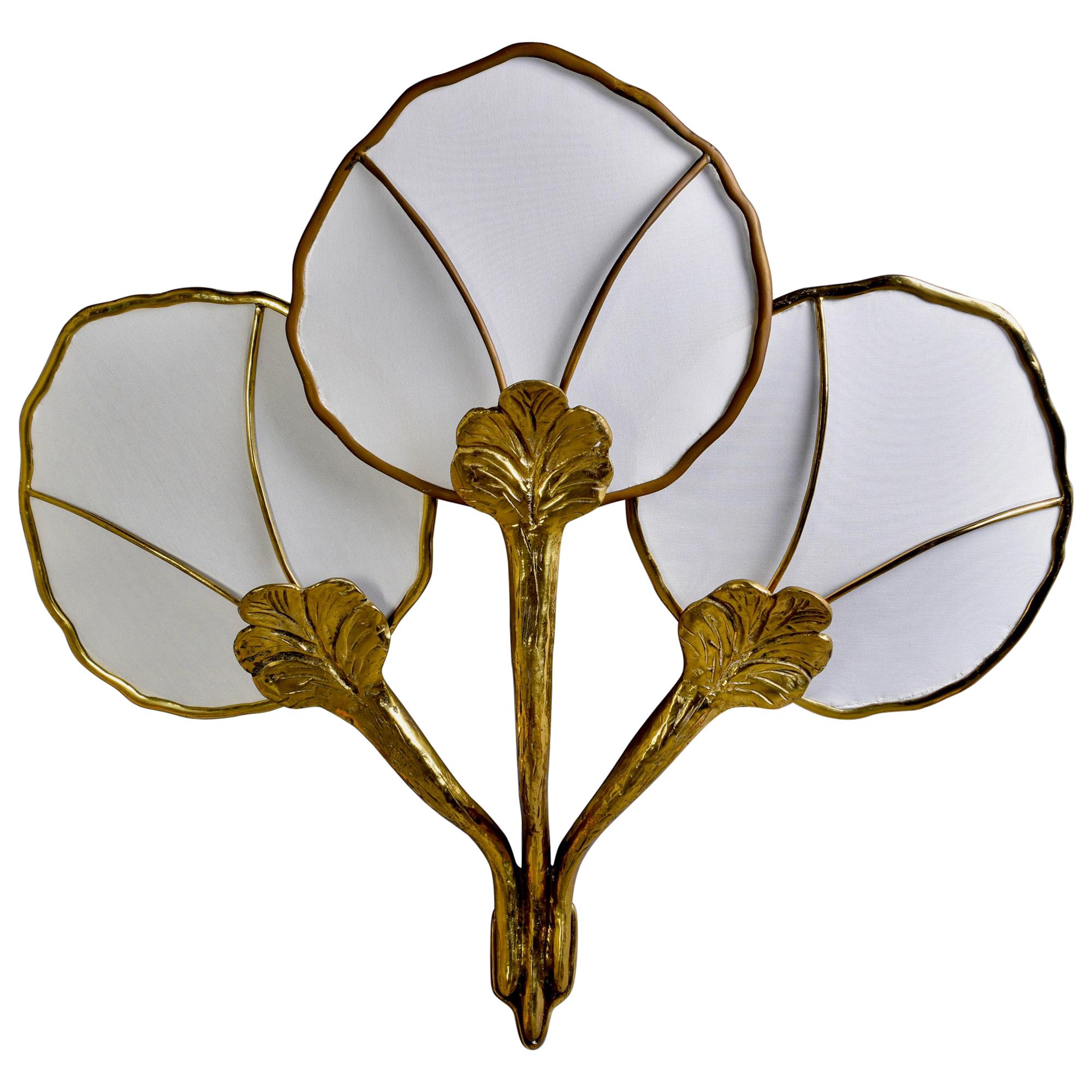Hollywood Regency Large Brass Triple Light Water Lily Wall Sconce For Sale