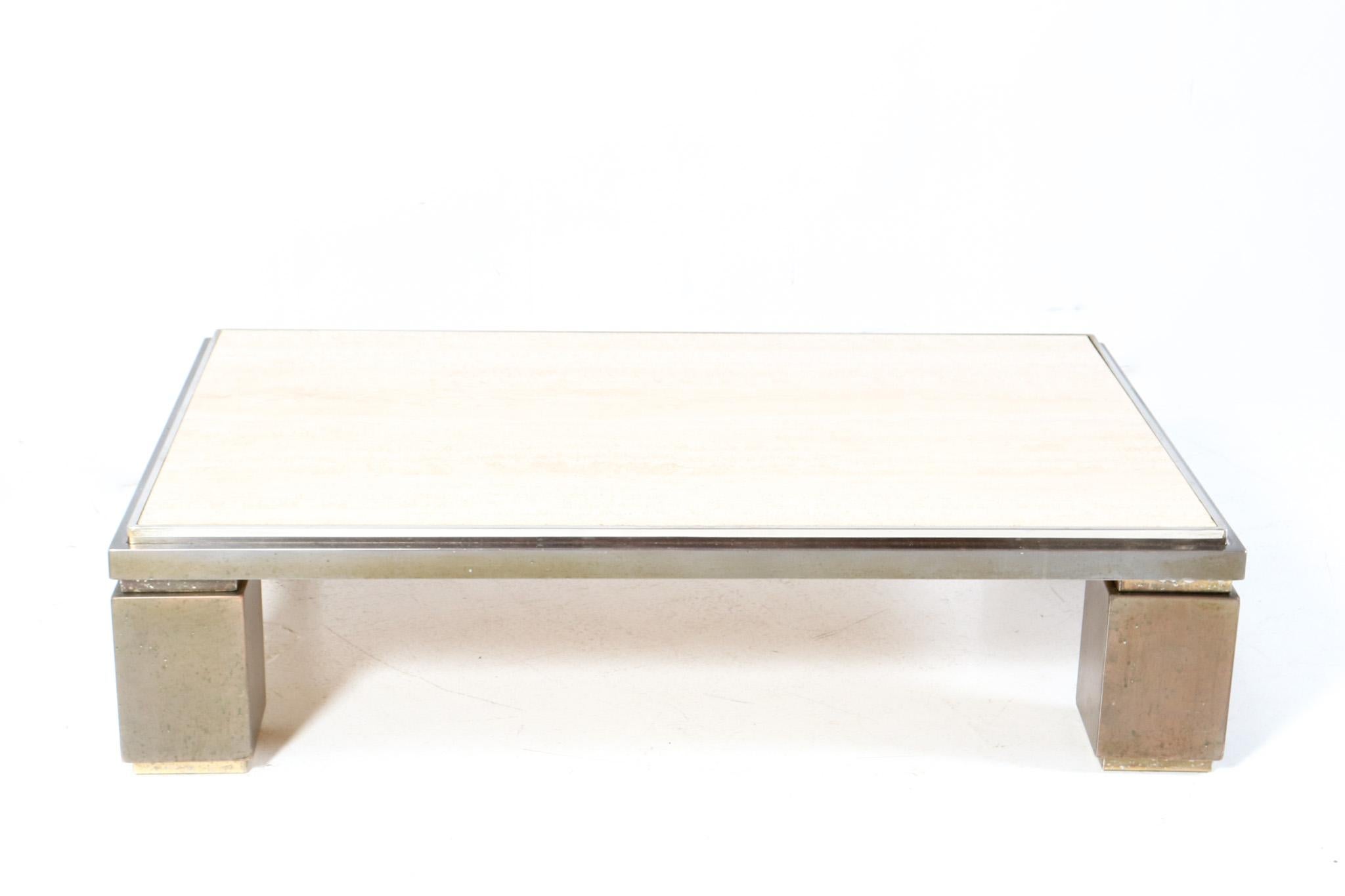 Belgian Hollywood Regency Large Coffee Table by Belgo Chrome with Travertine Top, 1970s For Sale