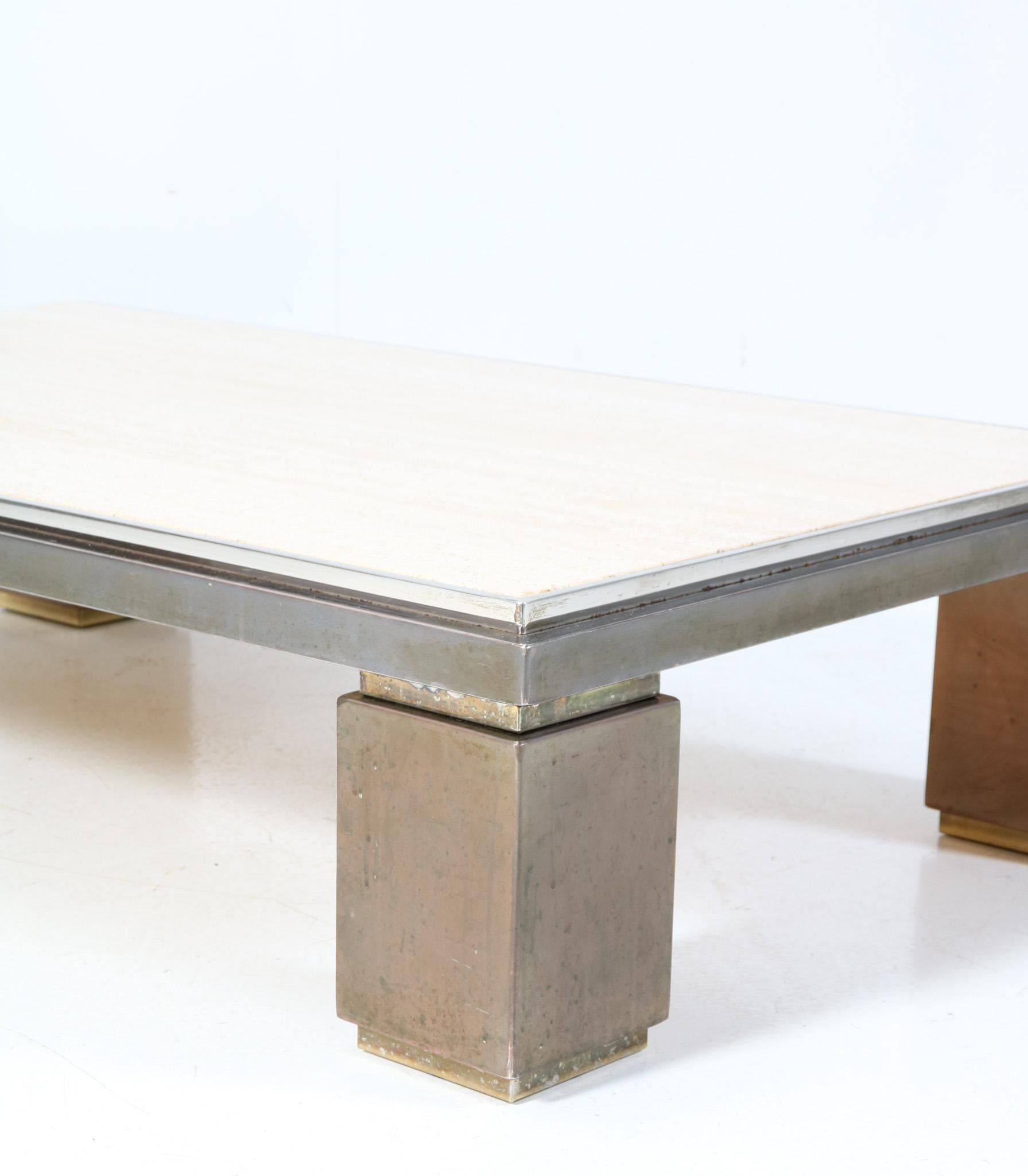 Hollywood Regency Large Coffee Table by Belgo Chrome with Travertine Top, 1970s For Sale 2