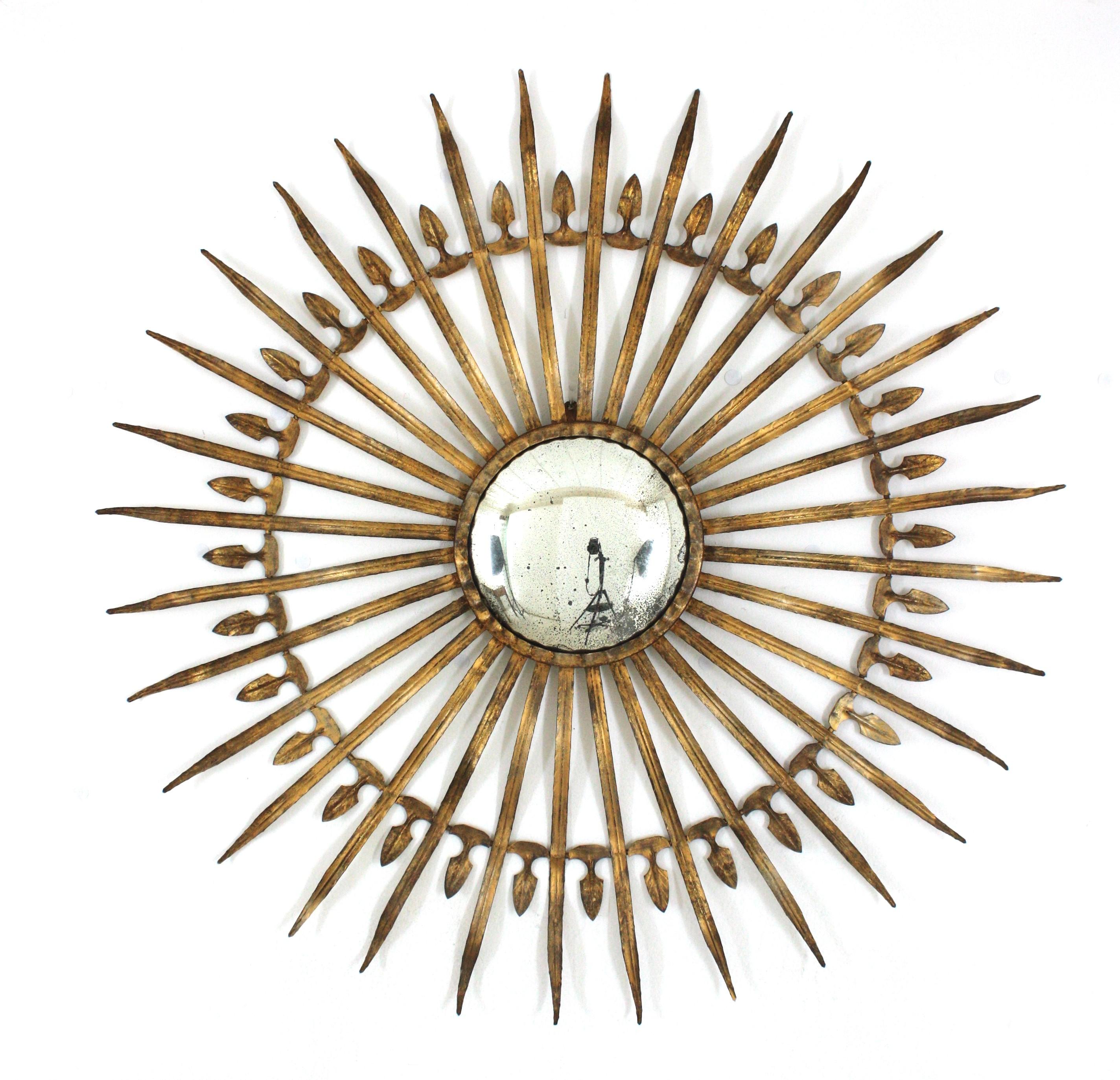 Hollywood Regency Large Convex Starburst Sunburst Mirror in Gilt Iron For Sale 6
