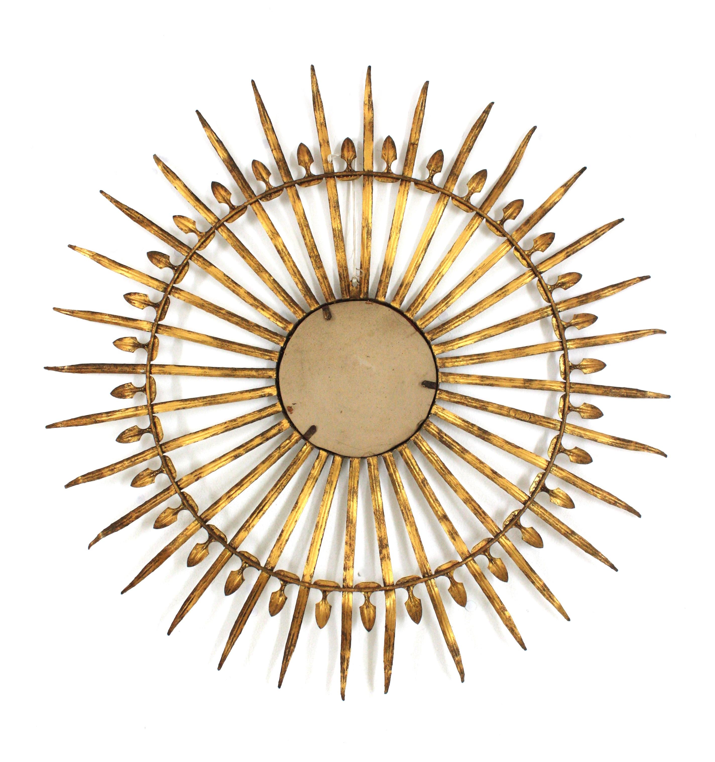 Hollywood Regency Large Convex Starburst Sunburst Mirror in Gilt Iron For Sale 7