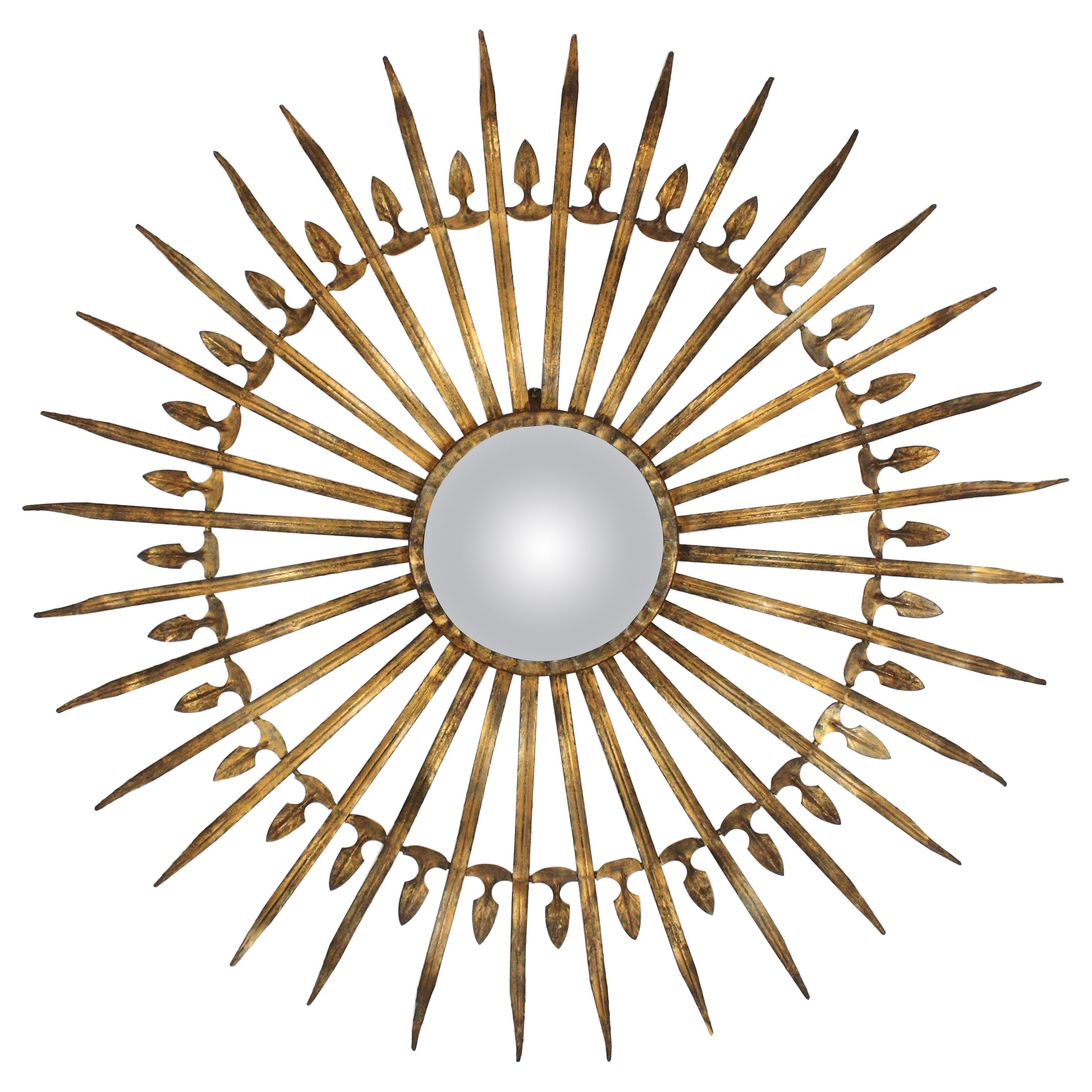 Hollywood Regency Large Convex Starburst Sunburst Mirror in Gilt Iron