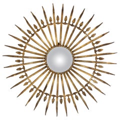 Hollywood Regency Large Convex Starburst Sunburst Mirror in Gilt Iron