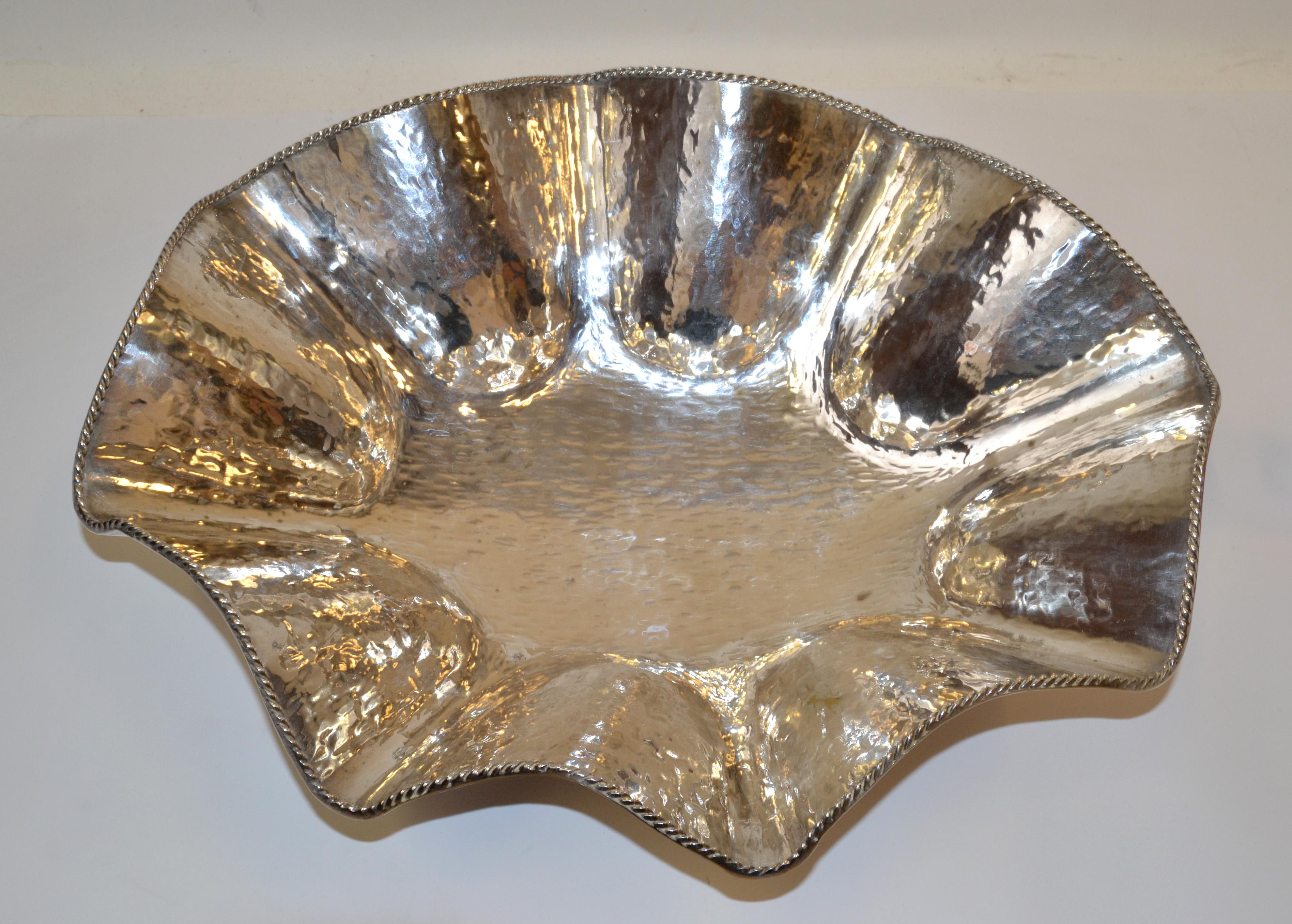 Hollywood Regency Large Hand Hammered Footed Silver-Plated Lotus Leaf Bowl, 1970 3
