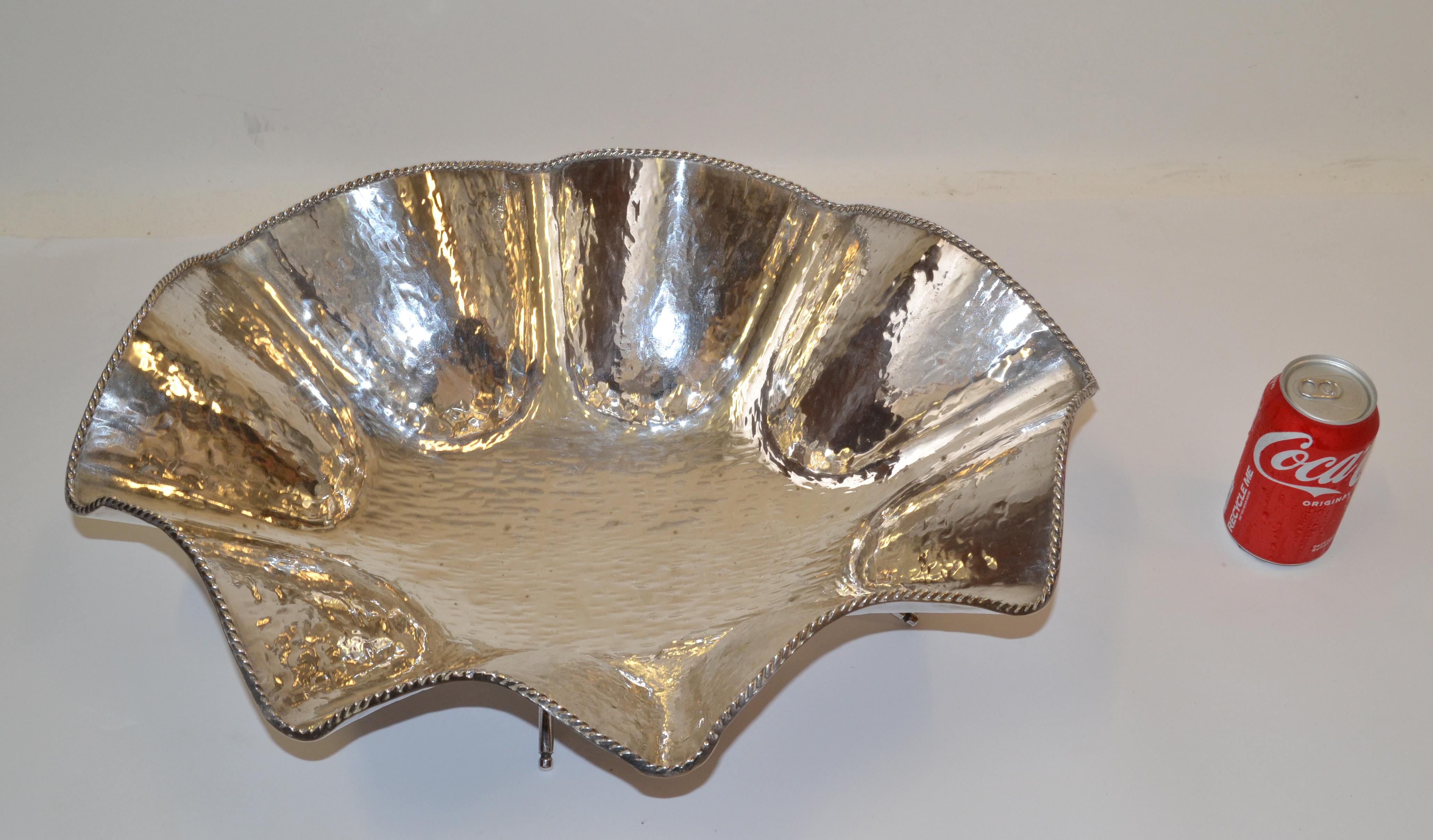 Hollywood Regency Large Hand Hammered Footed Silver-Plated Lotus Leaf Bowl, 1970 5